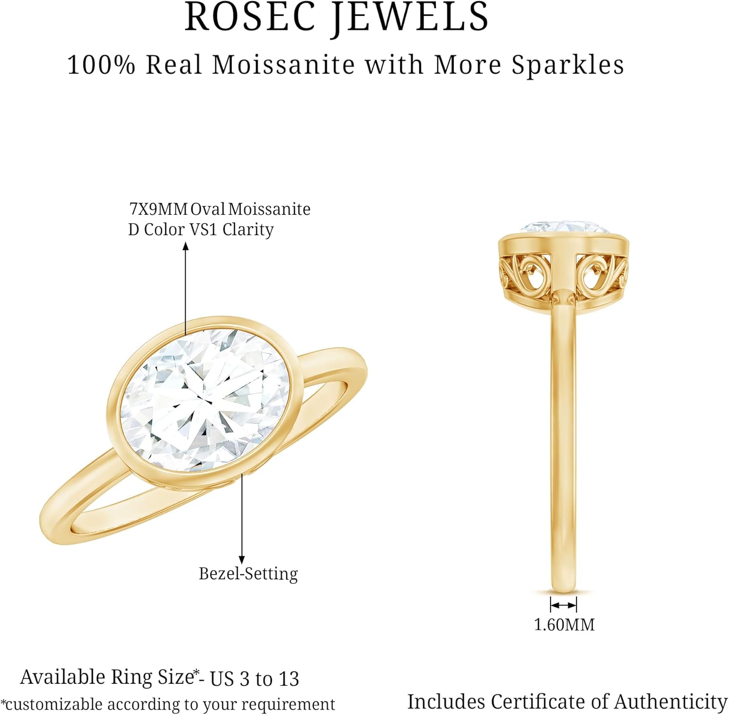 Certified Moissanite 7X9 mm Oval Engagement Ring, D-Vs1 Quality, Moissanite East West Ring (Ready to Gift)