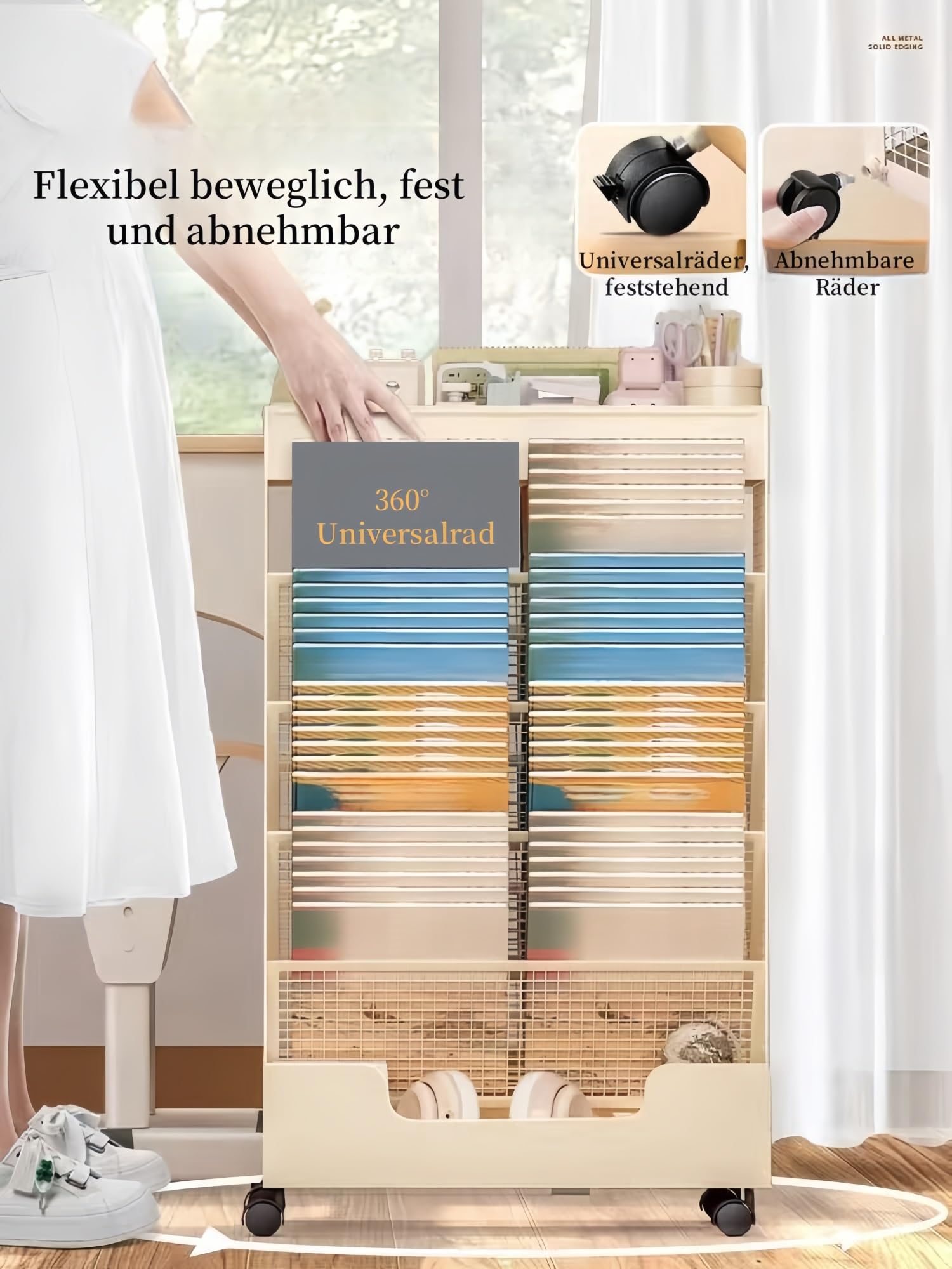 Mobiler Bücherregalwagen mit Rädern, stabil, 41.2x18.3x68.6cm, für Wohnzimmer, Büro