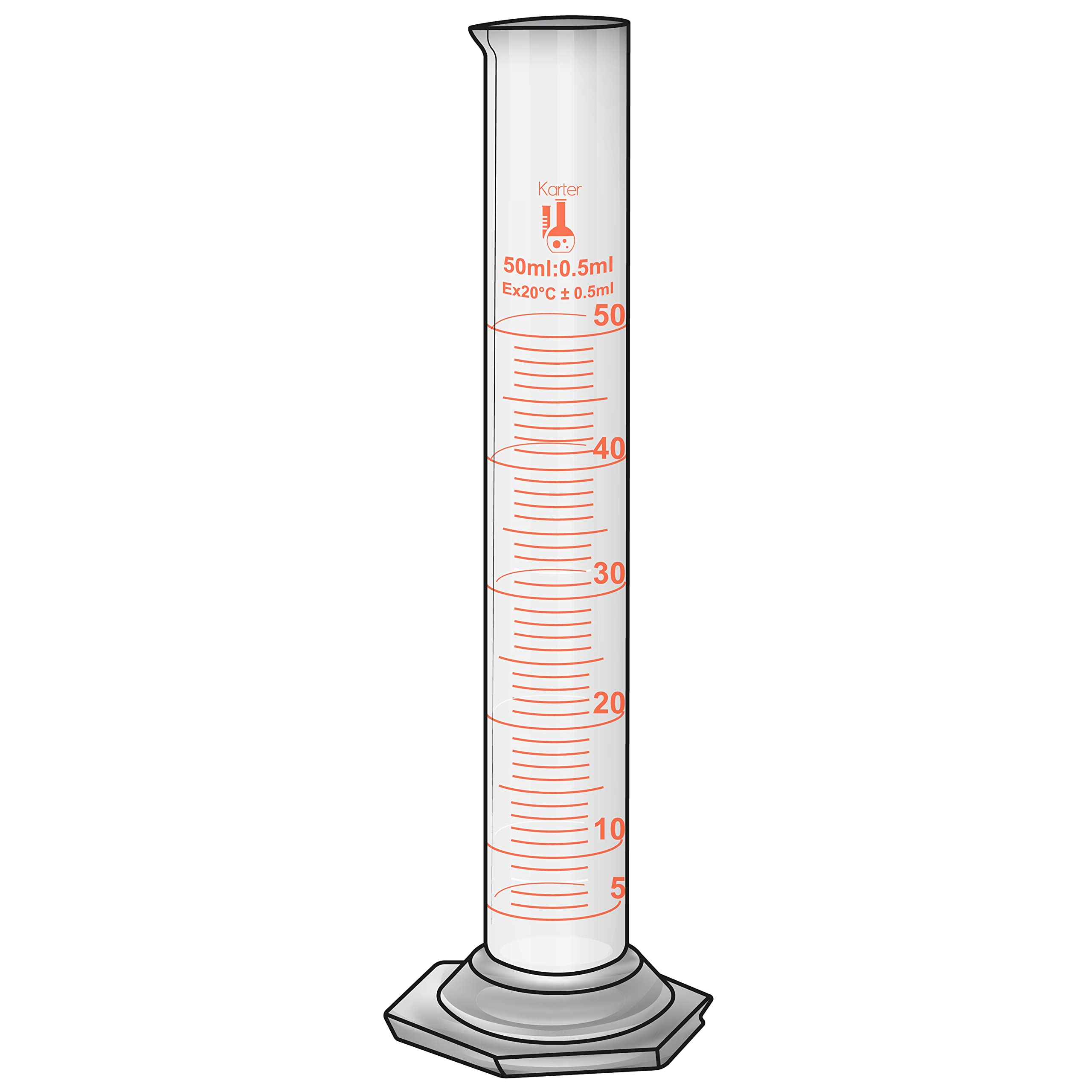50ml Graduated Cylinder, Borosilicate 3.3 Glass, Single Metric Scale, Karter Scientific 246H1 (Pack of 50)