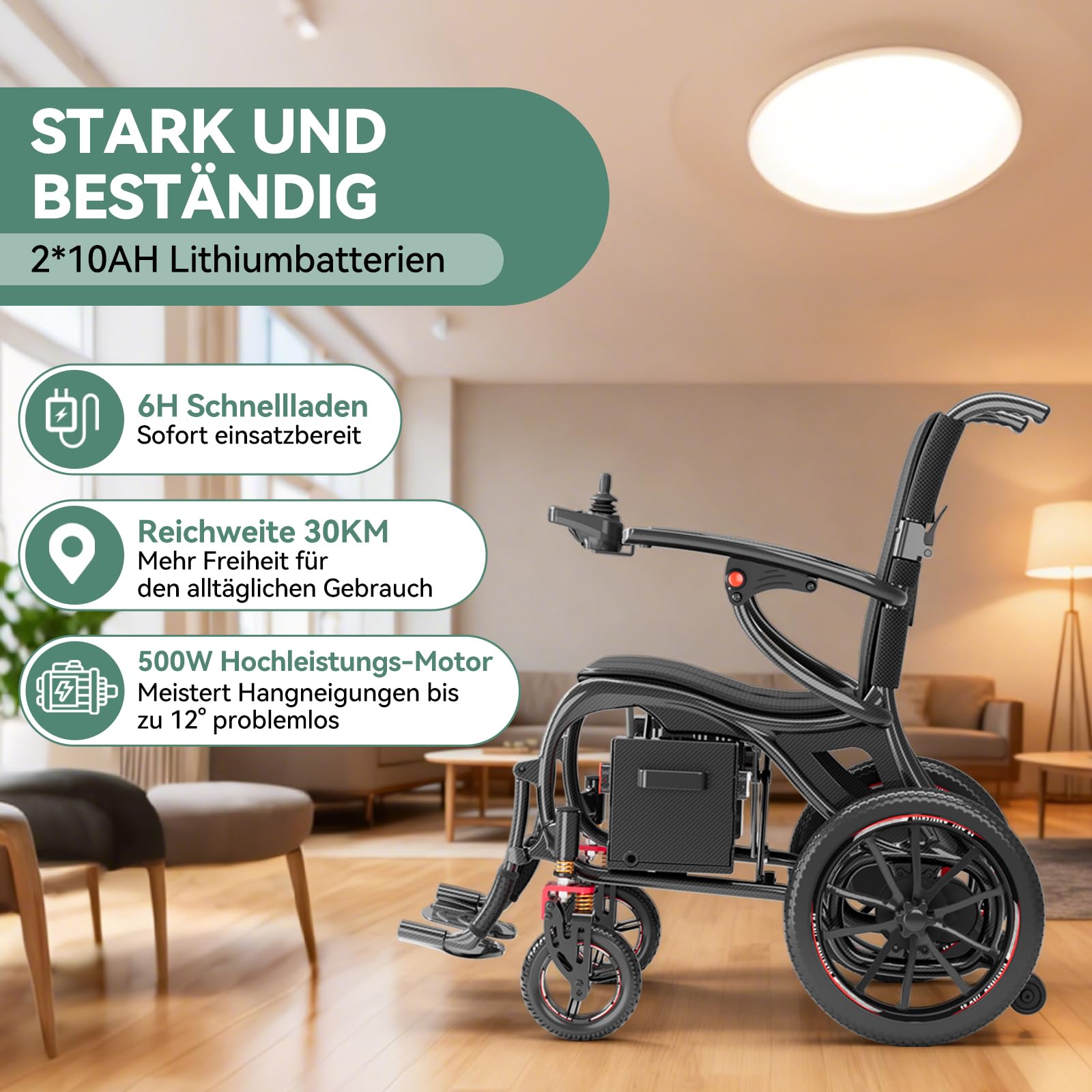 Elektrischer Rollstuhl Faltbar, Kohlefaser, 16 kg Leichtgewicht (ohne Akku), 25 km Reichweite, 150 kg Tragfähigkeit, 500W Motor, Abnehmbarer Lithium-Akku, Für Erwachsene – Ideal für Reisen & Alltag