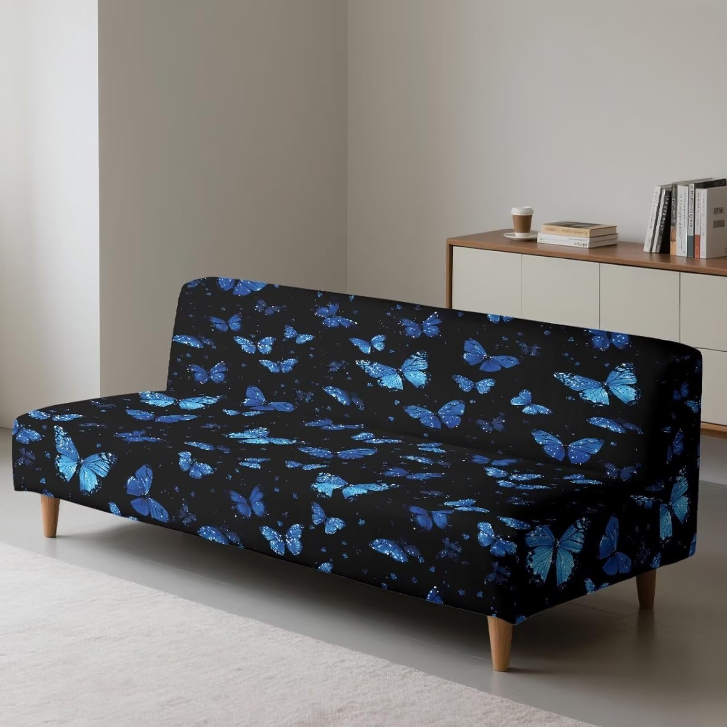 Butterfly Print Blue Black Armless Futon Cover Comfy Sofa Cover Washable Futon Mattress Covers Dustproof Couch Slipcover Furniture Protector with Elastic Bottom