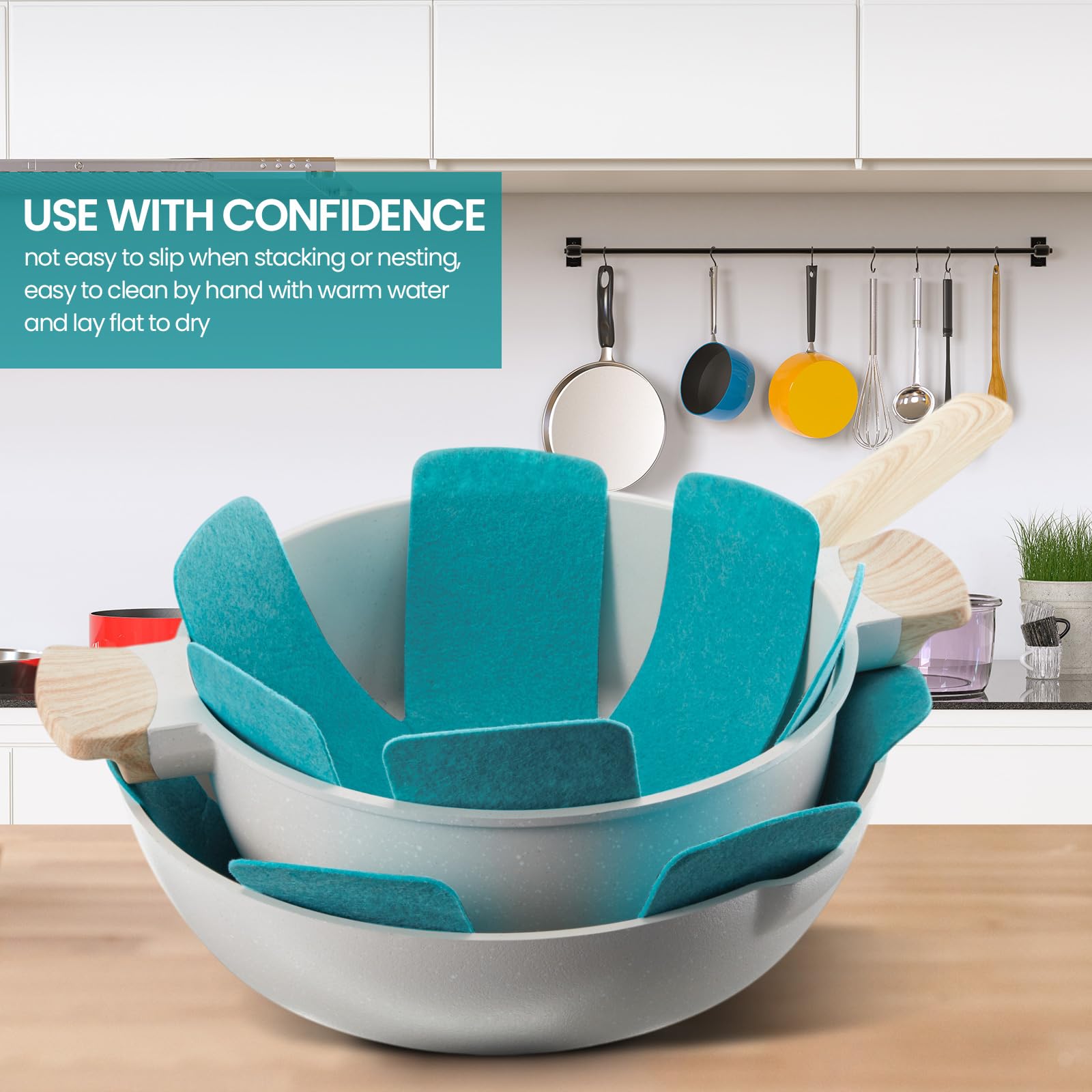 40 protectores de ollas y sartenes, 5 tamaños diferentes, protectores de utensilios de cocina, separadores de ollas, almohadillas separadoras apilables para proteger y separar sartenes (azul lago
