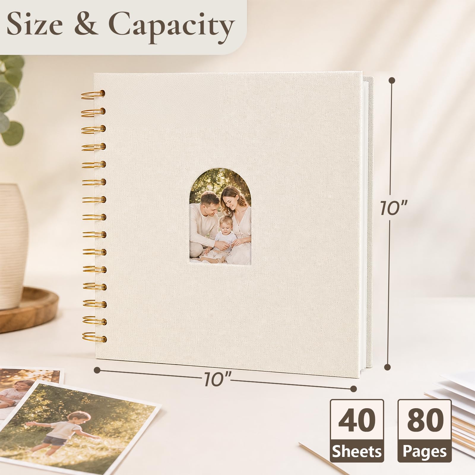 Vienrose Album fotografico con finestra ad arco in lino, 25,4 x 25,4 cm, 80 pagine bianche, album fotografico per matrimoni, baby shower, beige