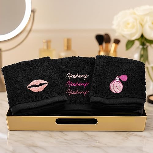 Miniatura 2 de DAN RIVER Toallas de maquillaje negras - Paquete de 6 (33x33 cm) - Toallas faciales de algodón ultra suaves con bordado - Paños desmaquillantes