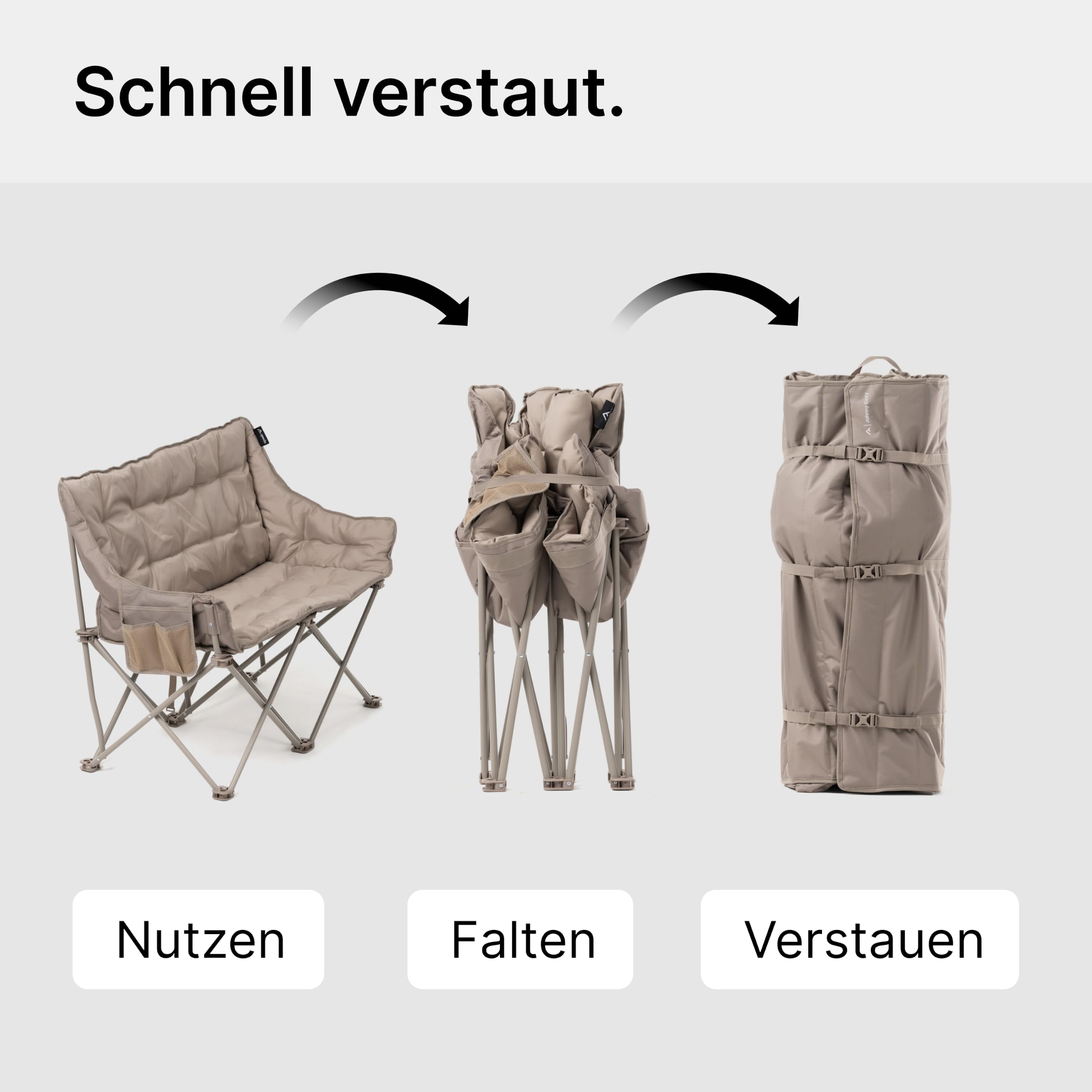 qeedo Johnny Cozy Faltbarer Campingbank gepolstert mit Cozy Bezug – Sofa-Feeling für 2 Personen – Rucksack-Packtasche – bis 300 kg belastbar