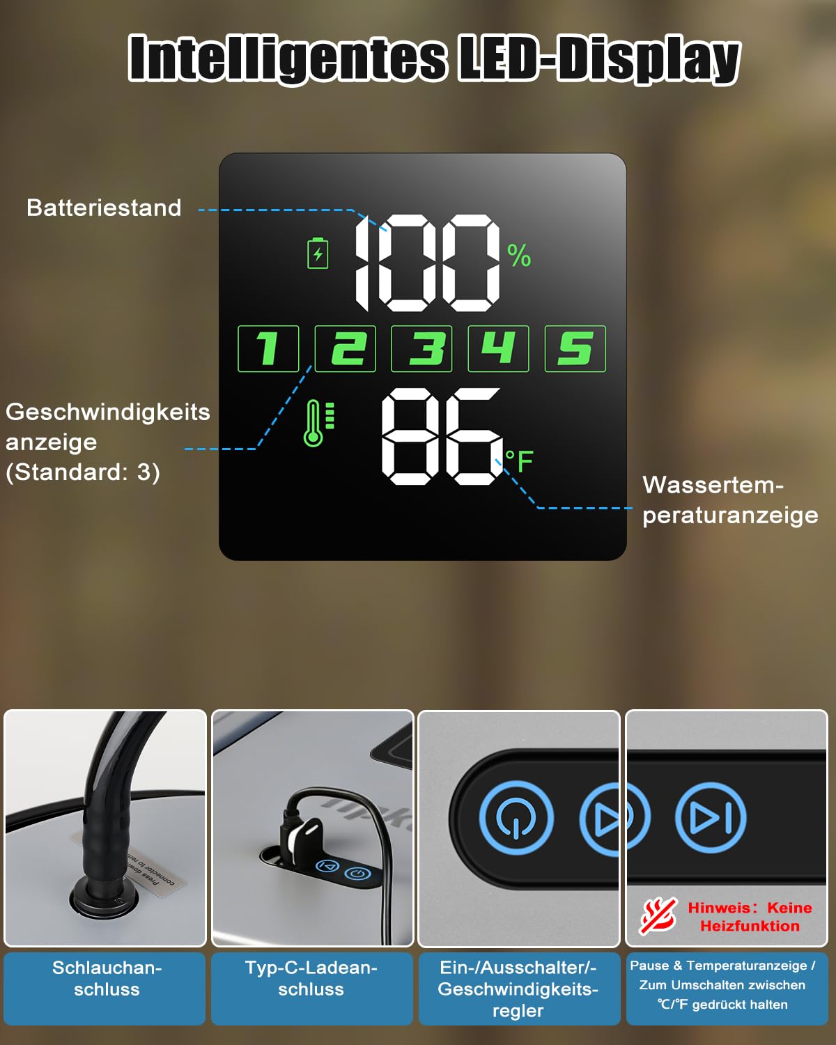 Campingdusche Tragbare 13000mAh Camping Dusche mit Pumpe 20L Klappbarer Eimer USB-Aufladung