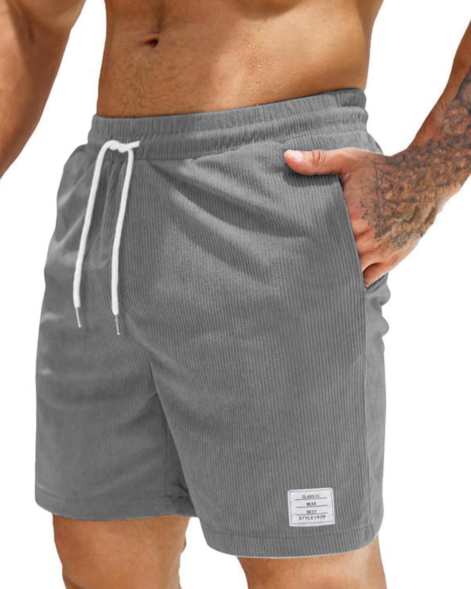 LVCBL Men's Casual Corduroy Shorts Elastic Waist Drawstring with 3 Pockets Classic-Fit Summer Beach Shorts Vacation