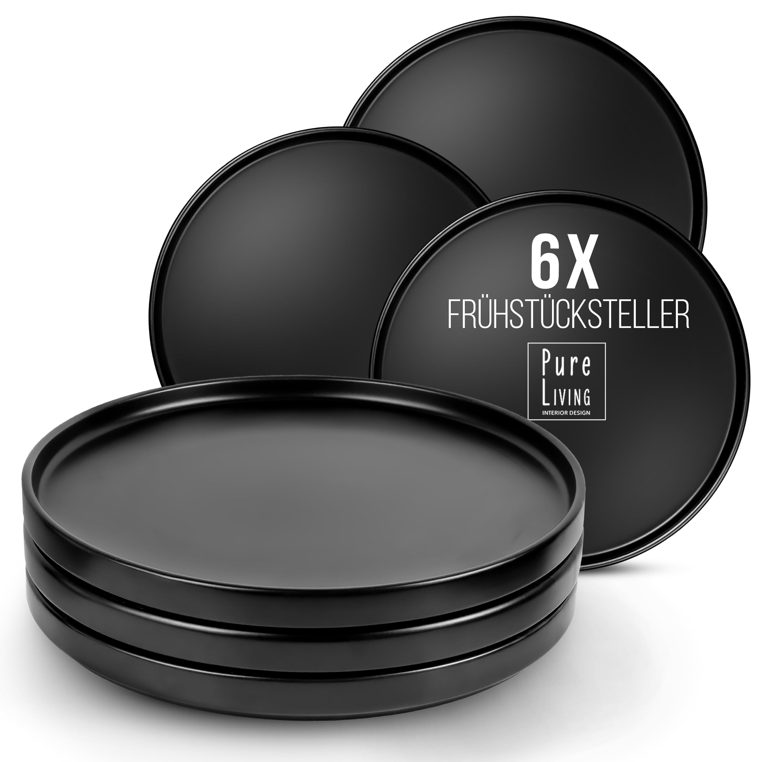 PURE LIVING Urban Black Line Manhattan Set of 6 breakfast plates in matte black, stoneware, dishwasher safe, microwave