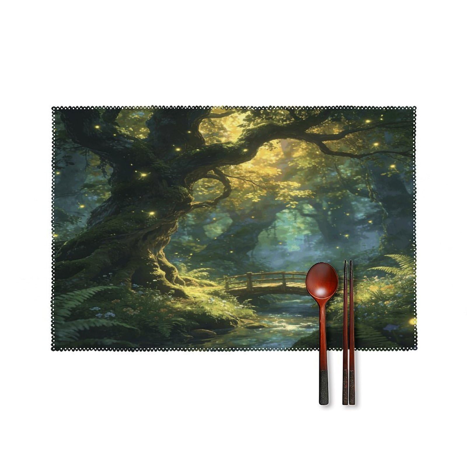 Khauerbc Style Enchanted Forest Placemats Set Of 6,Decorating The Dining Table，Canvas Washable Table Mats，Wipe Clean Anti Slip Dining Table Place Mats For Party Kitchen Dining Decoration