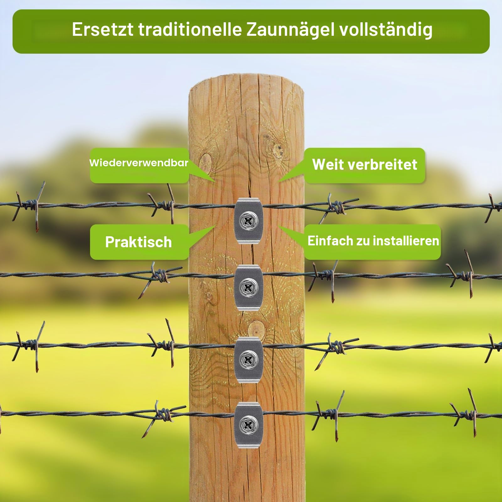 Insaga 50pcs Zaunklammern, 304 Edelstahl Krampennägel Zaunbefestigungsnägel 40mm M5.5 Stahlkrampen zum Holzschrauben für Maschendraht und Geflochtene Zäune mit Drahtfixer Halten Fest / M8 Adapter