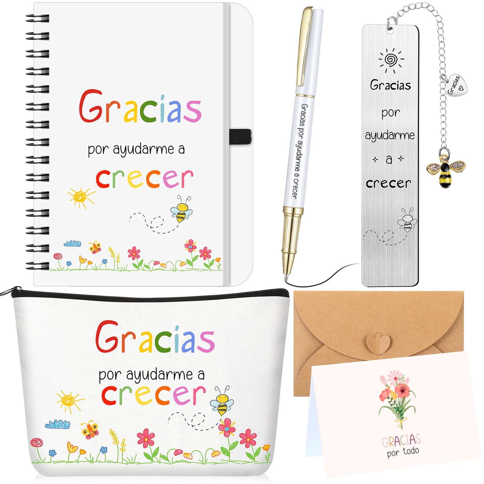 Sinmoe Regalos de Agradecimiento para Profesores Incluir Cuaderno A6 Bolsa de Cosméticos Marcapáginas con Colgante Gratitud Tarjeta de Agradecimiento Doblada(Ayudarme A Crecer)