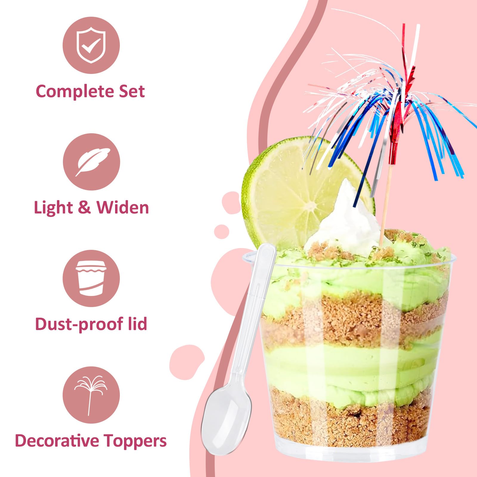 50 Vasos de Postre Transparentes Redondos 200ml con Tapas, Cucharas y 20 Adornos de Chispas - Reutilizables para Pudín, Mousse, Helado, Fiestas