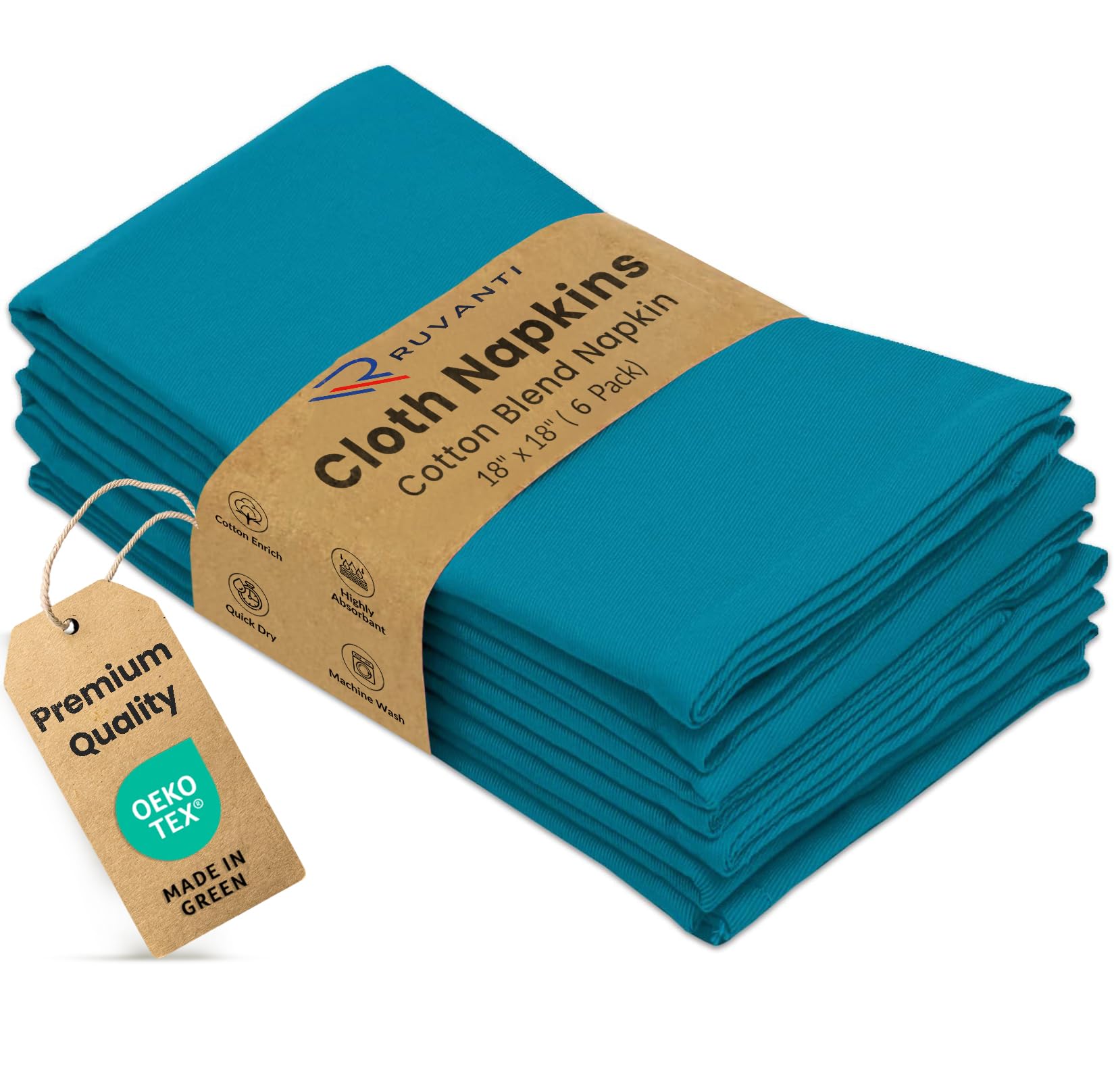 Ruvanti Cloth Napkins Set of 6, 18x18 Inches Napkins Cloth Washable, Soft, Durable, Absorbent, Cotton Blend. Table Dinner Napkins Cloth for Hotel, Lunch, Restaurant, Wedding Parties - Teal