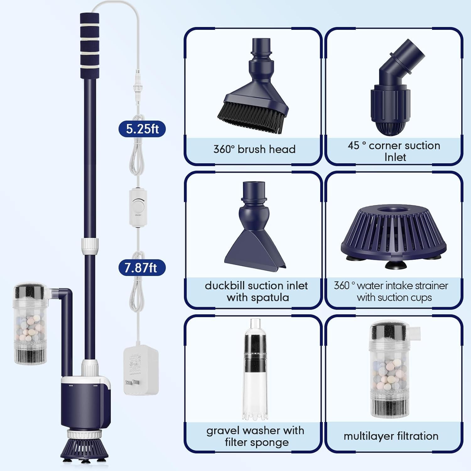 AQQA Limpiador de peceras, DC 2300L/h, flujo de agua ajustable, limpiador eléctrico de grava para peceras, limpiador de grava de acuario de 34 W con triple filtración para cambio de agua, arena y