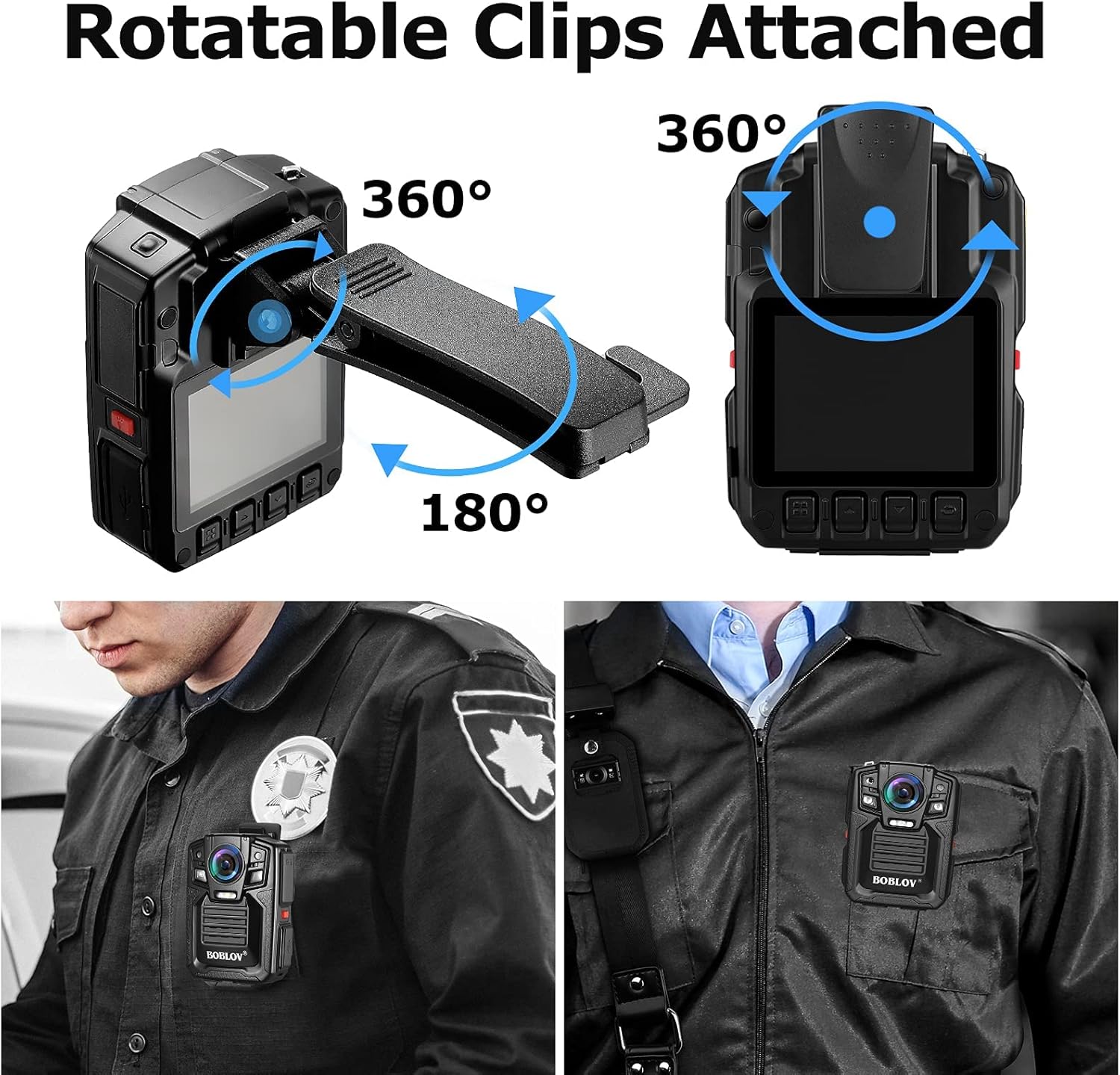 Body camera with rotatable clips for various mounting angles