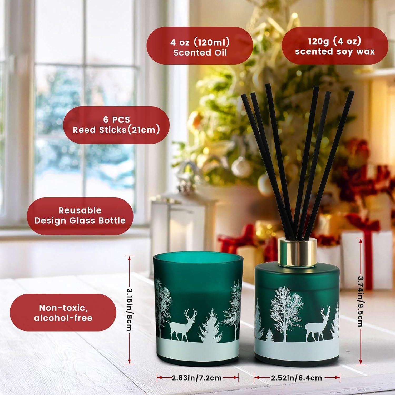 Brakula Christmas Reed Diffuser and Candles Set, 2 Pack/Total 8 oz, Fireside Juniper & Balsam Scented, 6 Diffuser Sticks with Christmas Bottle Design, Home Decor Bedroom Living Room Office - Image 2