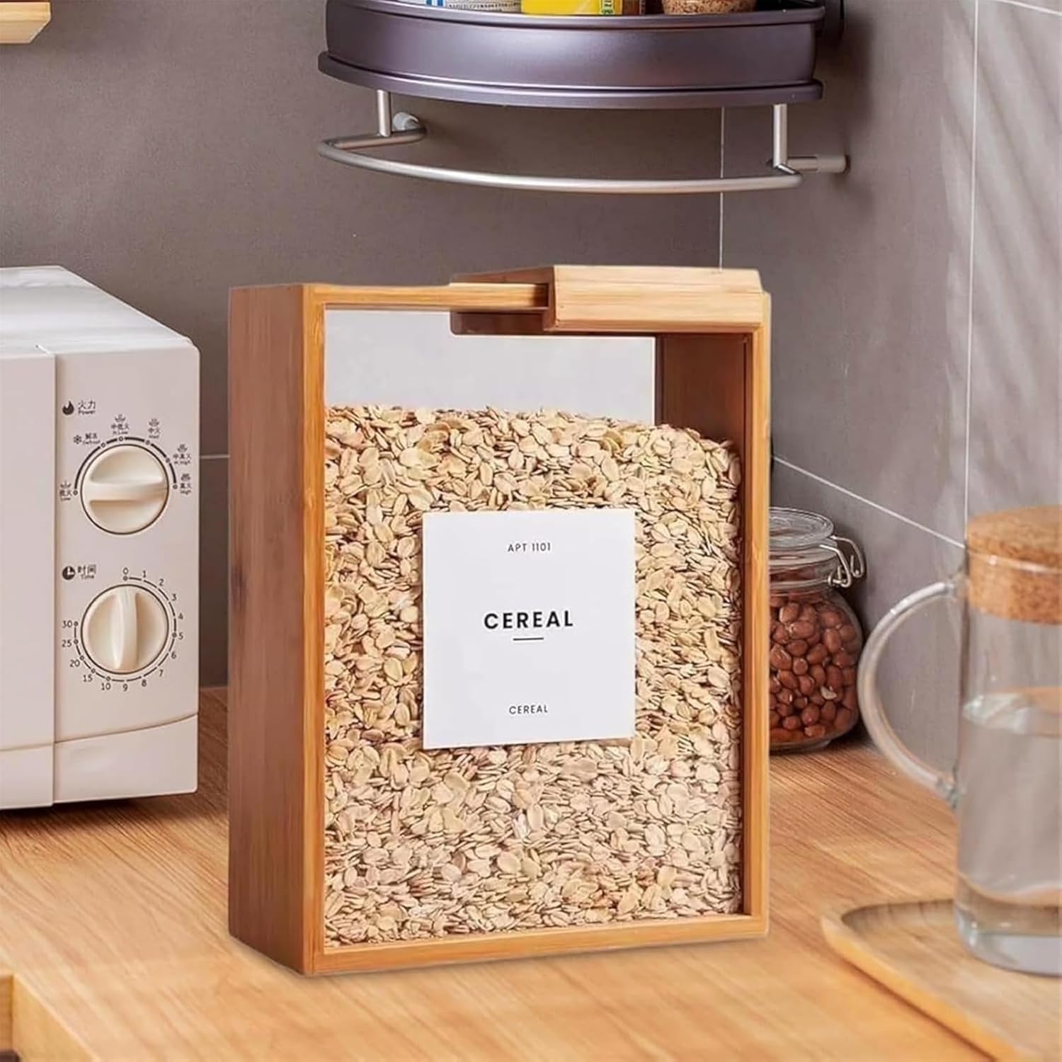 Wooden Cereal Storage Box, Bamboo Rice Dispenser with Removable Lids, Airtight Pantry Bins Container with Lids, Home Organization Can for Snack, Rice, Flour (1Pcs)