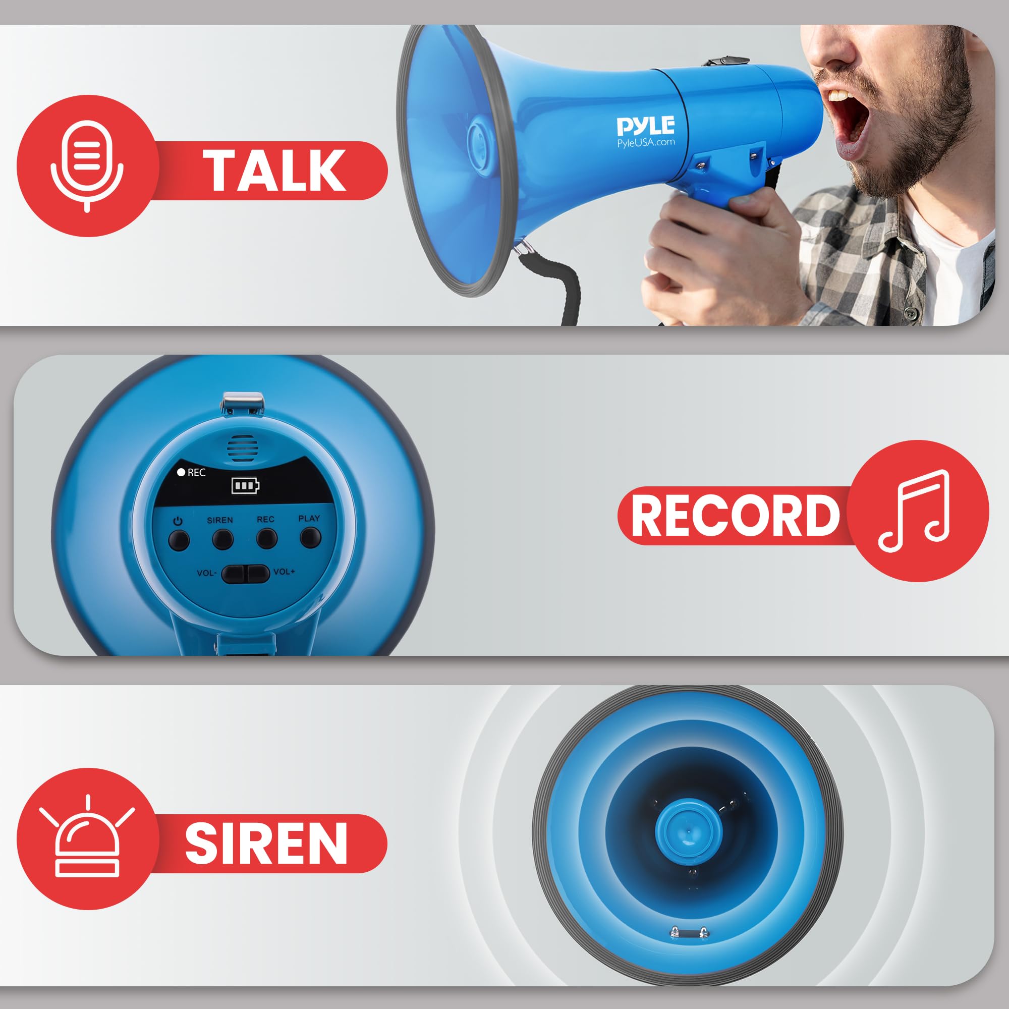 Pyle 40W Megaphone Siren Bullhorn Speaker, Portable and Lightweight Automatic Bullhorn For Indoor and Outdoor Use, 800 Square Yards Projection Range, Use as Siren/Music (Blue)