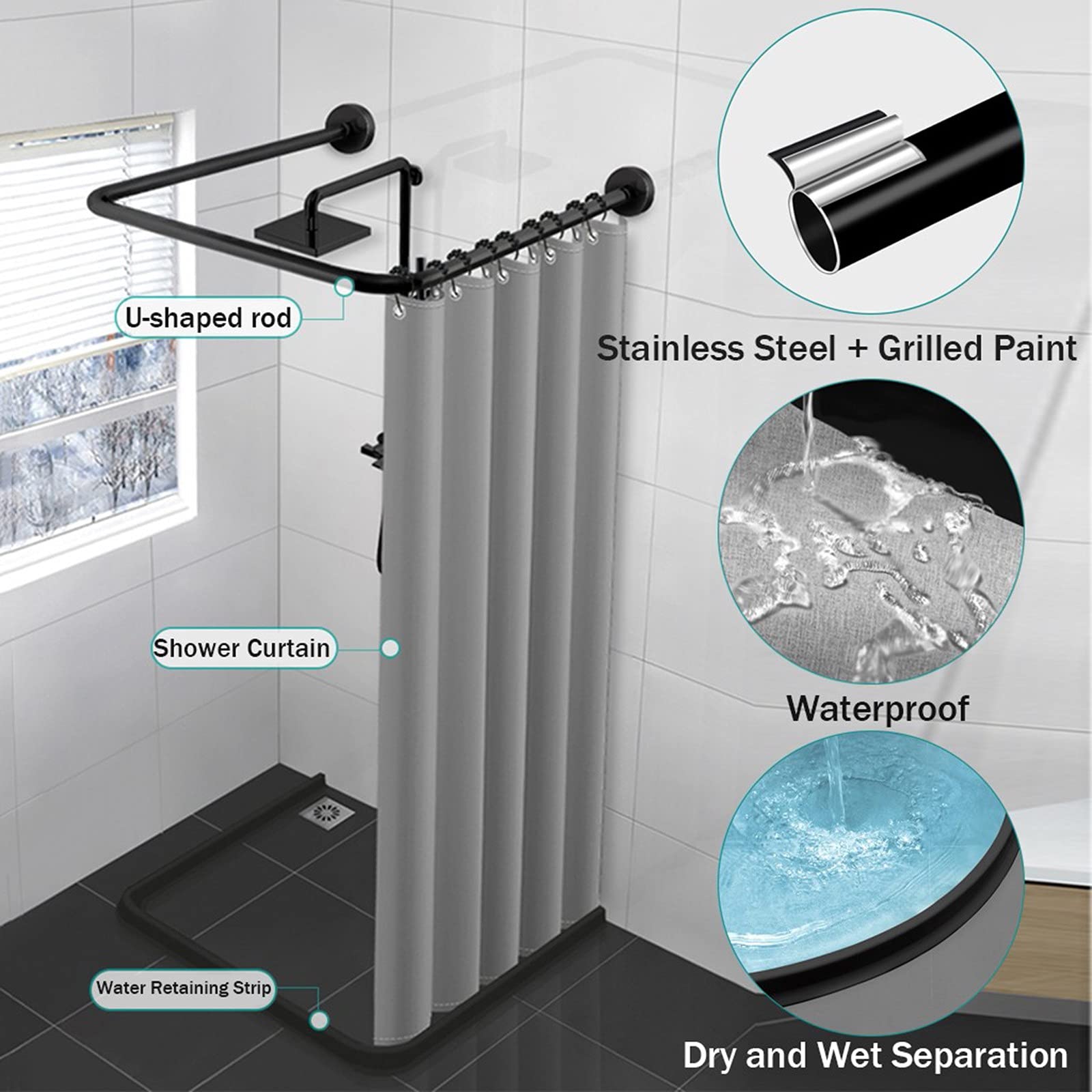 Yampos U Shaped Shower Curtain Rod, [Both Sides: 23.6-52, Middle