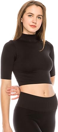 Kurve Womens Basic Crop Top Mock Neck Elbow Length Sleeve Slim Fitted Ribbed Turtleneck Cropped T Shirt Made in USA