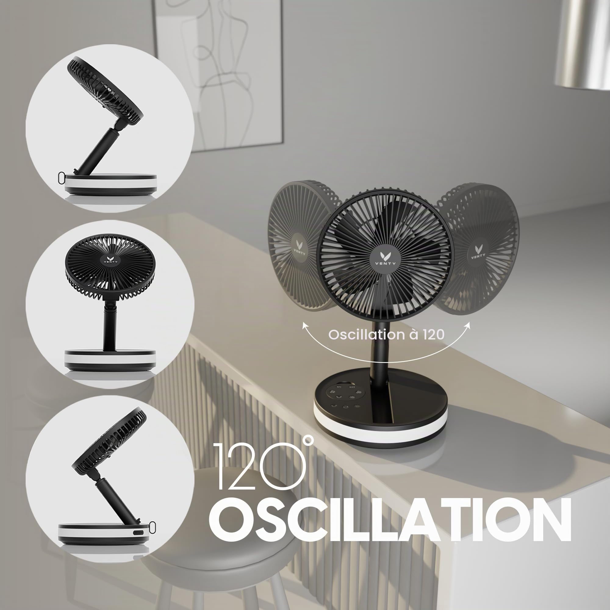 VENTY Ventilateur Portable Rechargeable - Ventilateur Pliable avec étui Transport et Port Usb - 4 Vitesses, Compact et Réglable pour Table, Camping, Bureau - Avec et Télécommande - Portable Fan