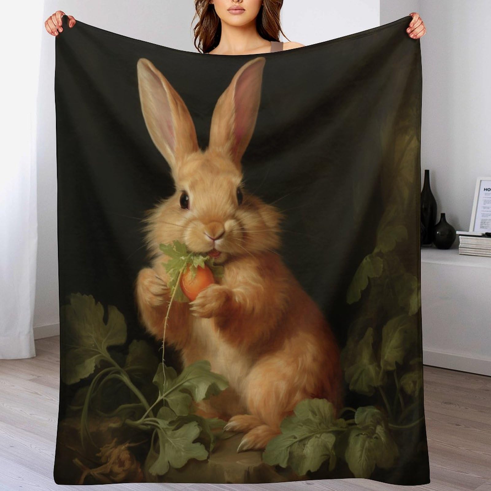 Manta de franela calida y suave para noches de invierno en el sofa con impresion 3D de conejo