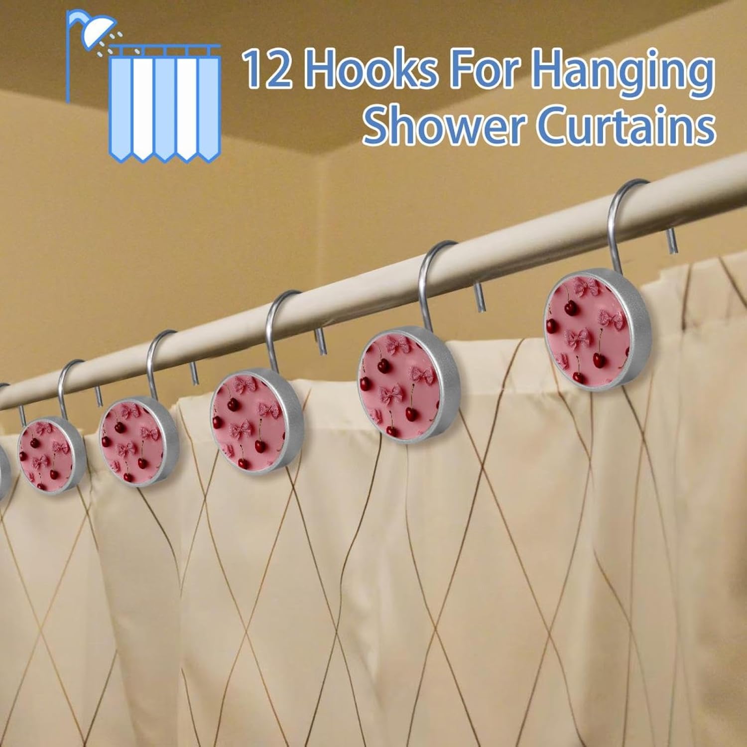 Pink Bows and Cherries on Pink Backgroun (1) Shower Curtain Hooks - Set of 12 Shower Curtain Rings - Shower Hooks for Bathroom Shower Rods Curtains and Liners