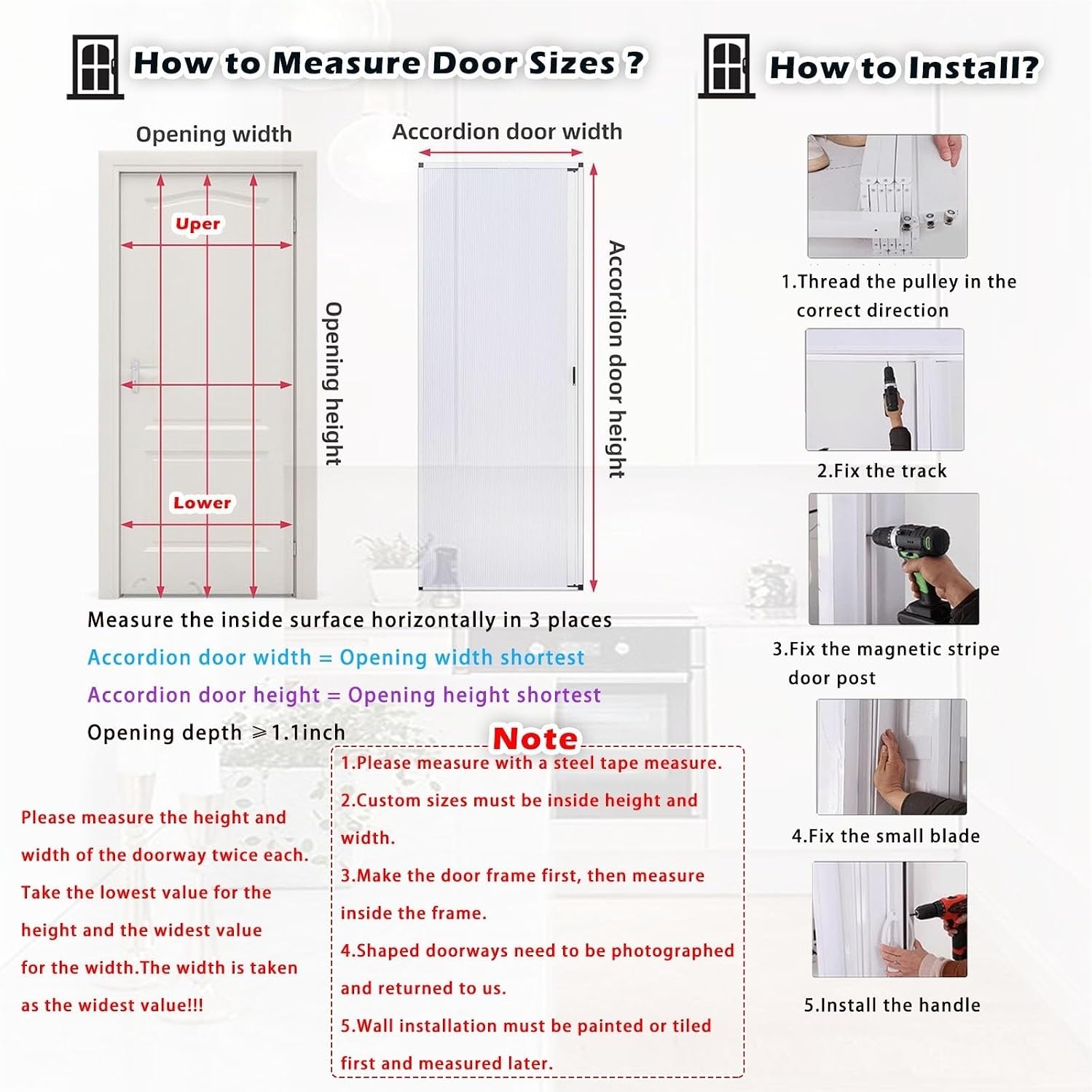 90" Tall Accordion Door - Space-Saving PVC Folding Screen, 24"-80" Wide for Kitchen, Laundry, Bathroom - Versatile Multifold Interior Door Solution