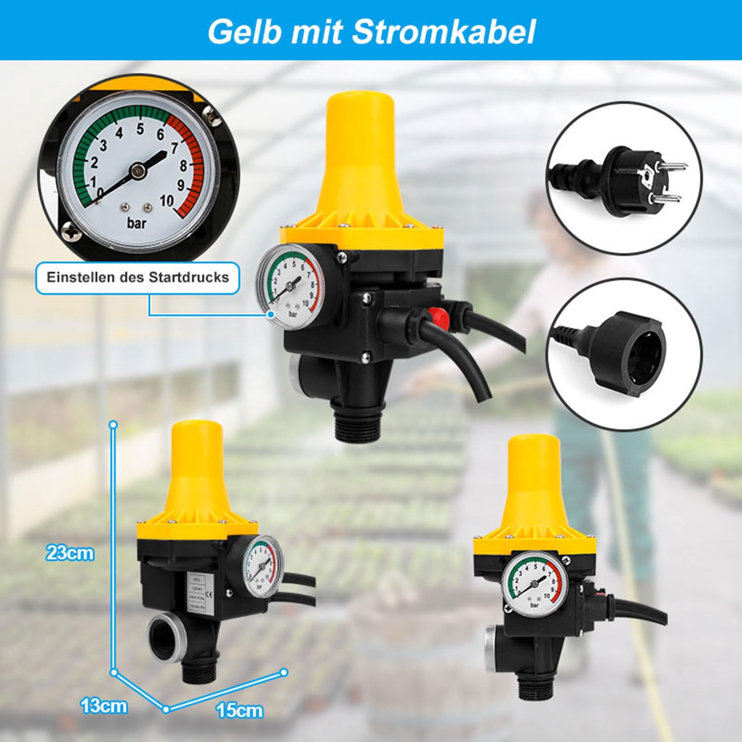 Control electrónico de la bomba 1100 W 9000 l/h, interruptor de presión para agua, 10 bares de presión con cable, interruptor de presión IP65 para bombas de agua (1,5-3 bares)