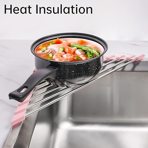 Miniatura 9 de Tomorotec Escurreplatos plegable triangular, pequeño escurridor de acero inoxidable enrollable sobre fregadero para esquina del fregadero de cocina,