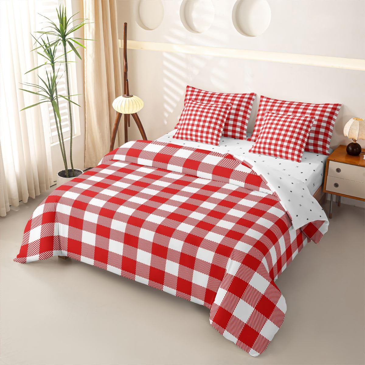 Homewish Rot Schwarze Karos Bettwäsche 135x200 7-teilig