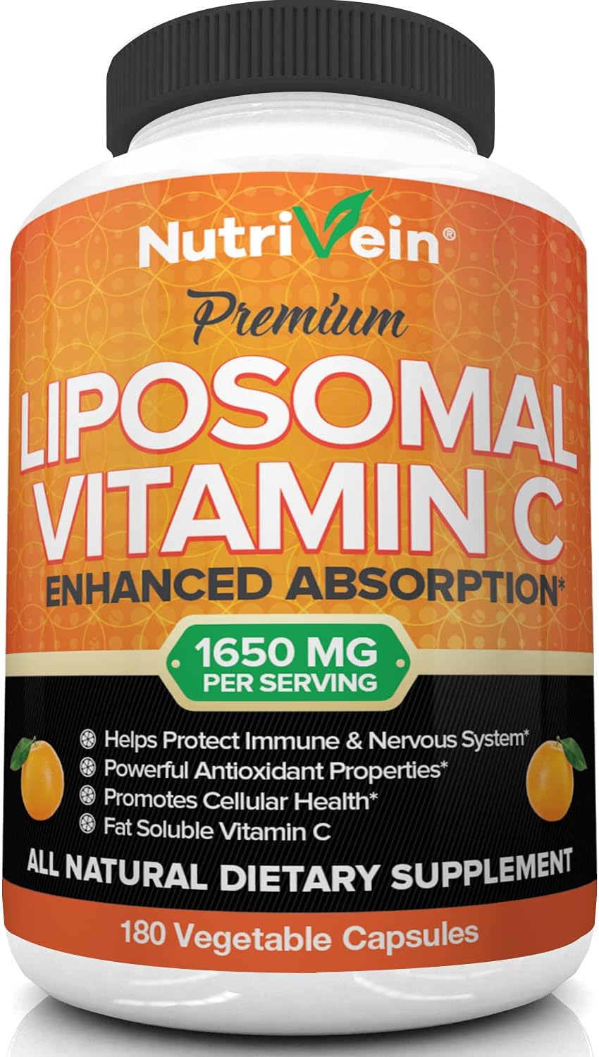 Nutrivein Liposomal Vitamin C 1650mg - 180 Capsules - High Absorption Ascorbic Acid - Supports Immune System & Collagen Booster - Powerful Antioxidant