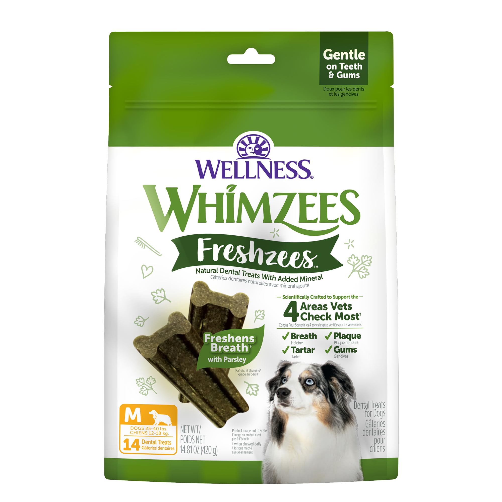 Wellness WHIMZEES Freshzees Natural Dog Dental Treat, Soft Chews, Freshens Breath, Medium Size, 14.81 oz Bag, 14 Count