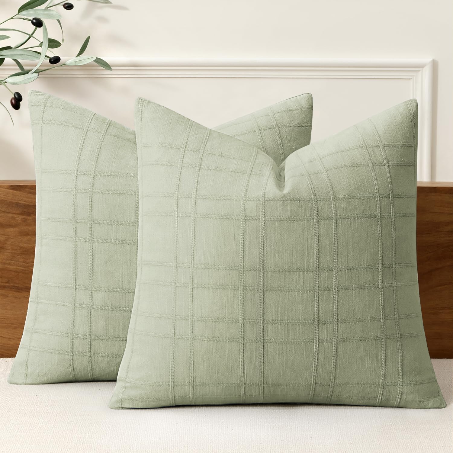 MIULEE Linen Plaid Pillow Covers Decorative 18x18 Seeding Green