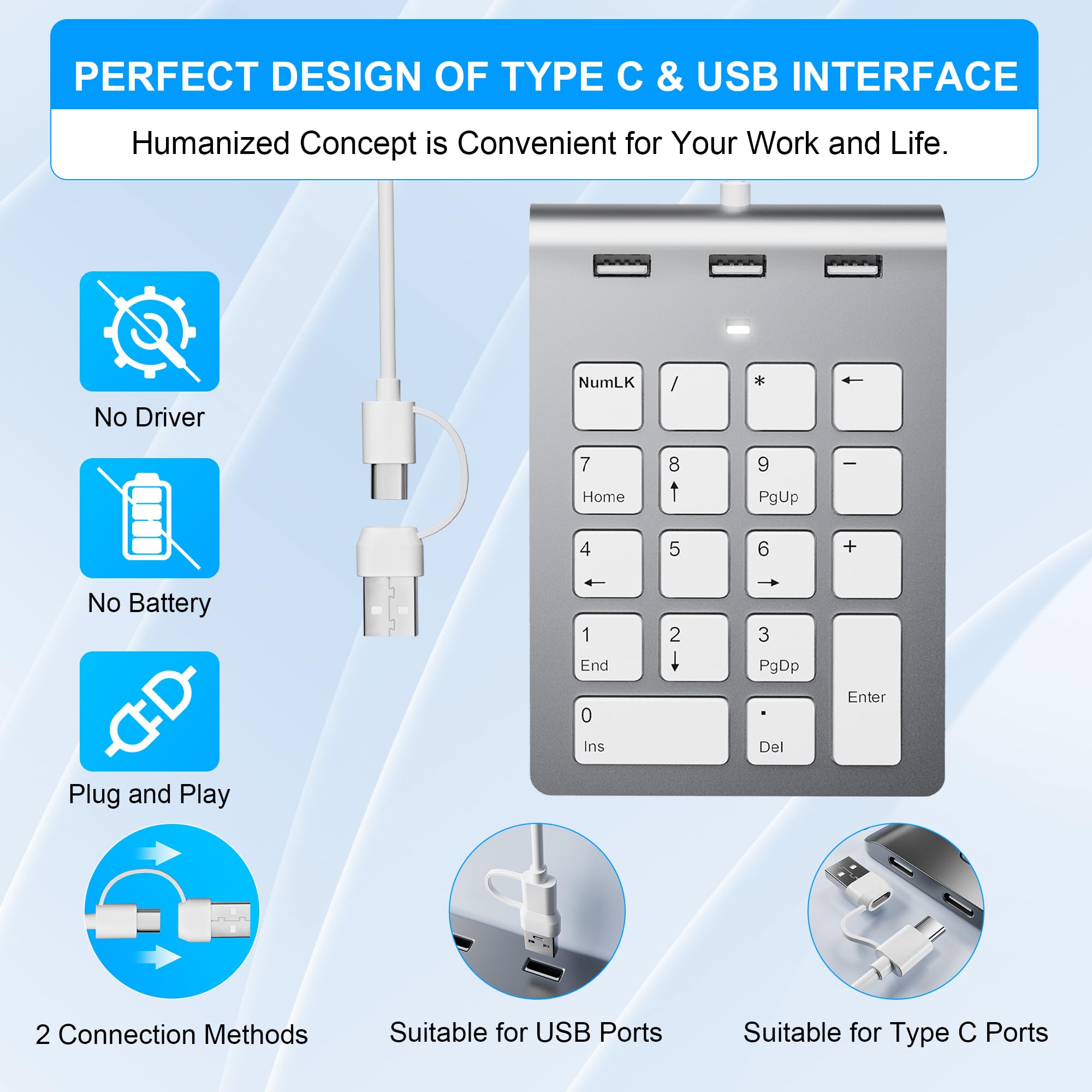 Pavé Numérique avec câble USB, USB A/USB C Clavier Numérique Ergonomique Portatif Mini avec 3 USB 2.0 Ports, Pavé de Calcul de Bureau 18 Touches pour Ordinateur Portable, Surface Pro, PC, iMac, iPad