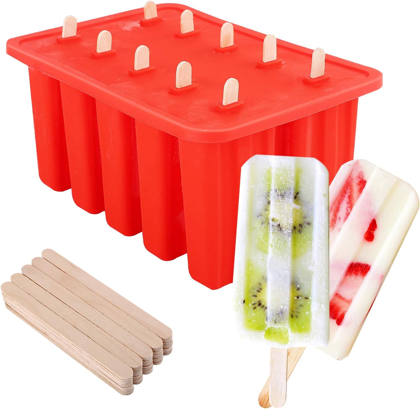 Nuovoware Ice Pop Molds, [Cavity of 10] Food Grade Silicone Frozen Ice Popsicle Makers with 100 Sticks, Kitchen Tools, Red