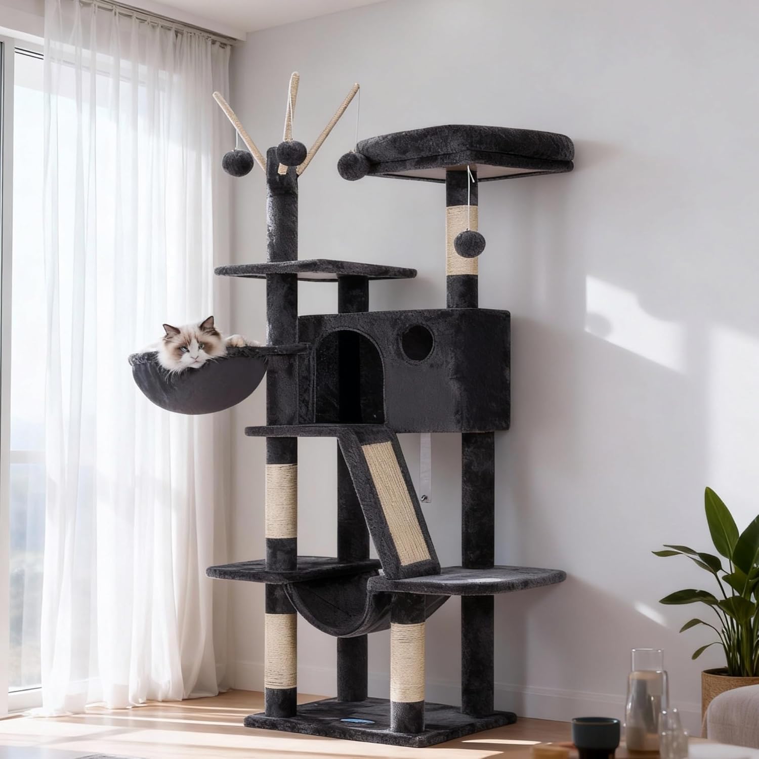Hey-Brother 53 Inch Cat Tree Tower: Padded Perch, Cozy Hammock, Large Condo & Sisal Scratching Posts for Indoor Cats - Smoky Gray
