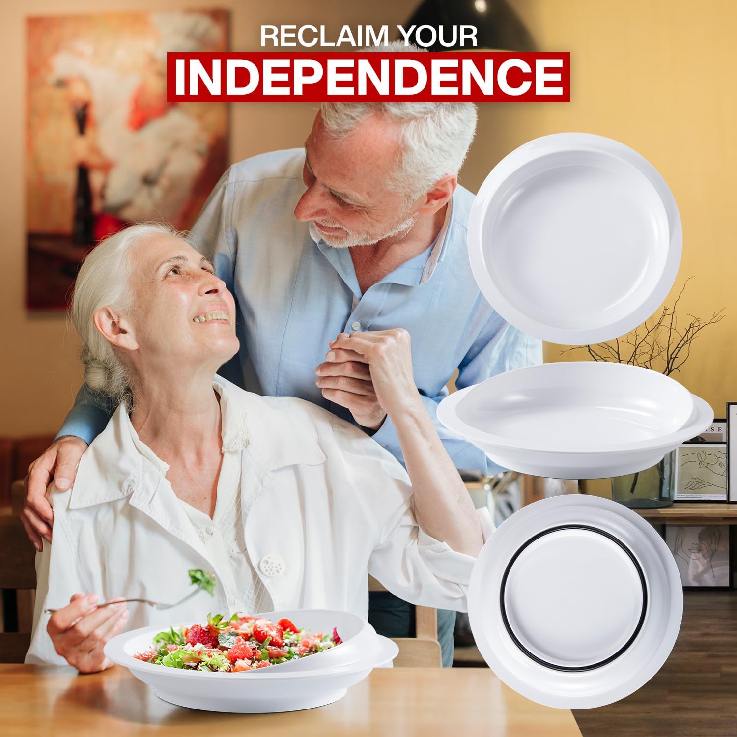 Platos antiderrames con Bordes con Labios, Plato con Pared para discapacitados, Plato fácil de Comer para Adultos discapacitados y Pacientes de Edad Avanzada(1 pcs),Red+White