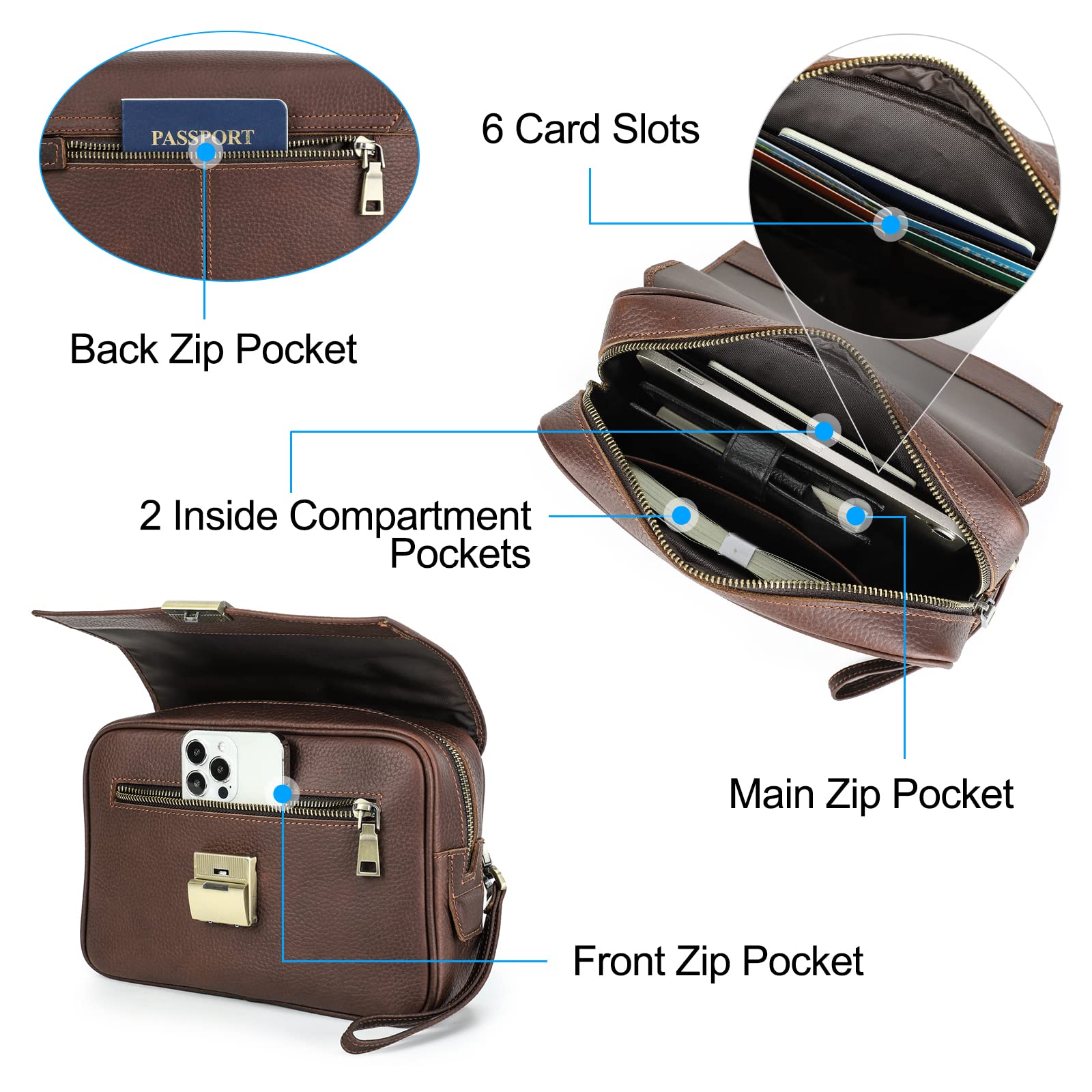 Contacts Pochette da uomo in vera pelle per carte d'identità, grande capacità, con blocco antifurto, da viaggio, passaporto, telefono, borsa a mano con cinturino da polso