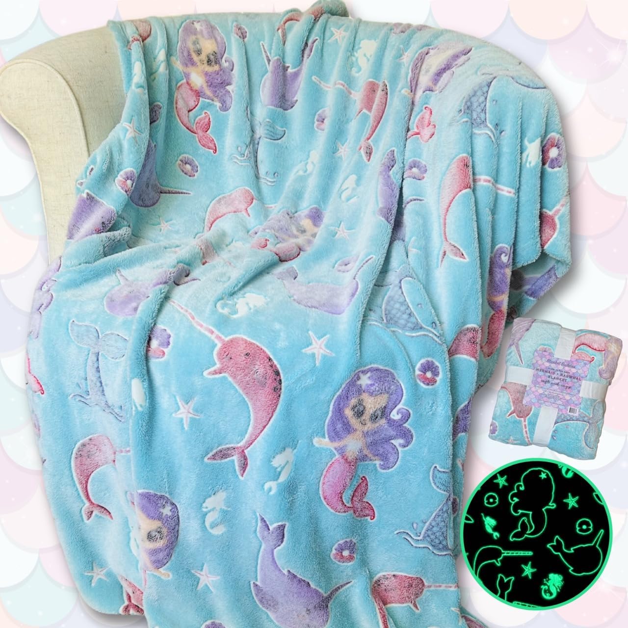 Mermaid Narwhal Throw Blanket: Glow in The Dark, Cozy, Soft, Warm, Fleece Girl Blanket with Starfish, Pearls, and Cute Mermaids 50" x 60" (Teal)