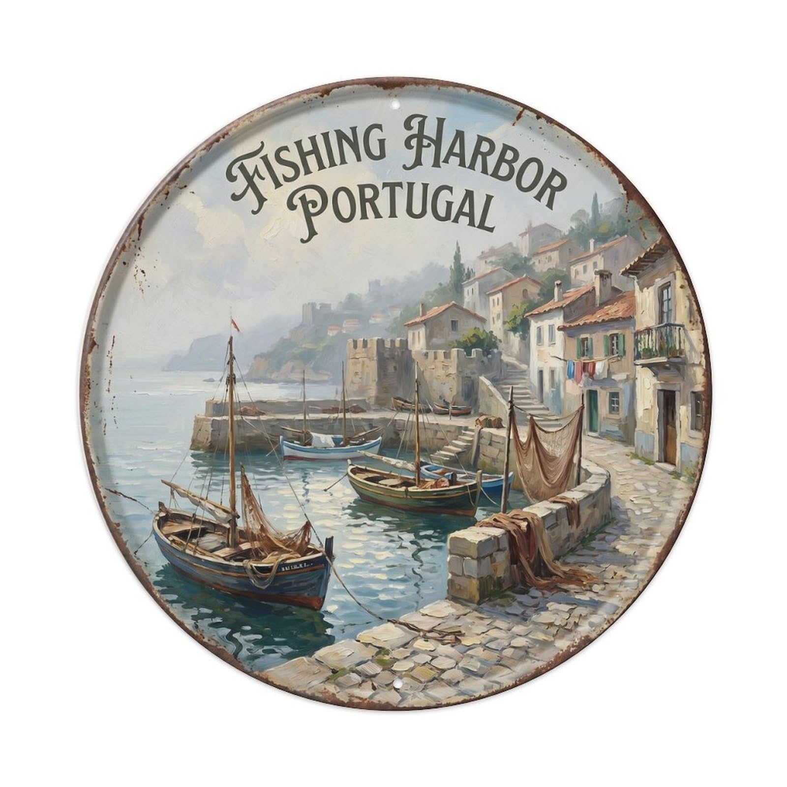 Portugal Harbor Seaside Destination Scenery Fishing Landmark Metal Tin Sign Plaque Wall Decor for Cafe, Man Cave, Club Bar, Office, Home Garden Round Metal Poster 8x8Inch