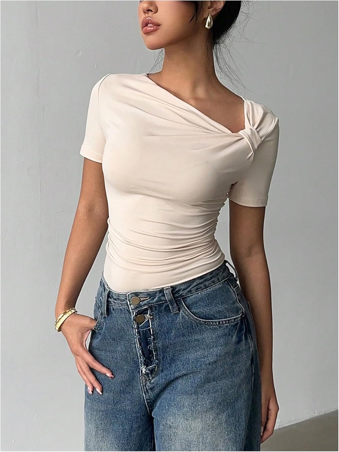 Milumia Women's Asymmetrical Neck Short Sleeve Top Ruched Summer Fitted Casual Tee Shirt - Image 2