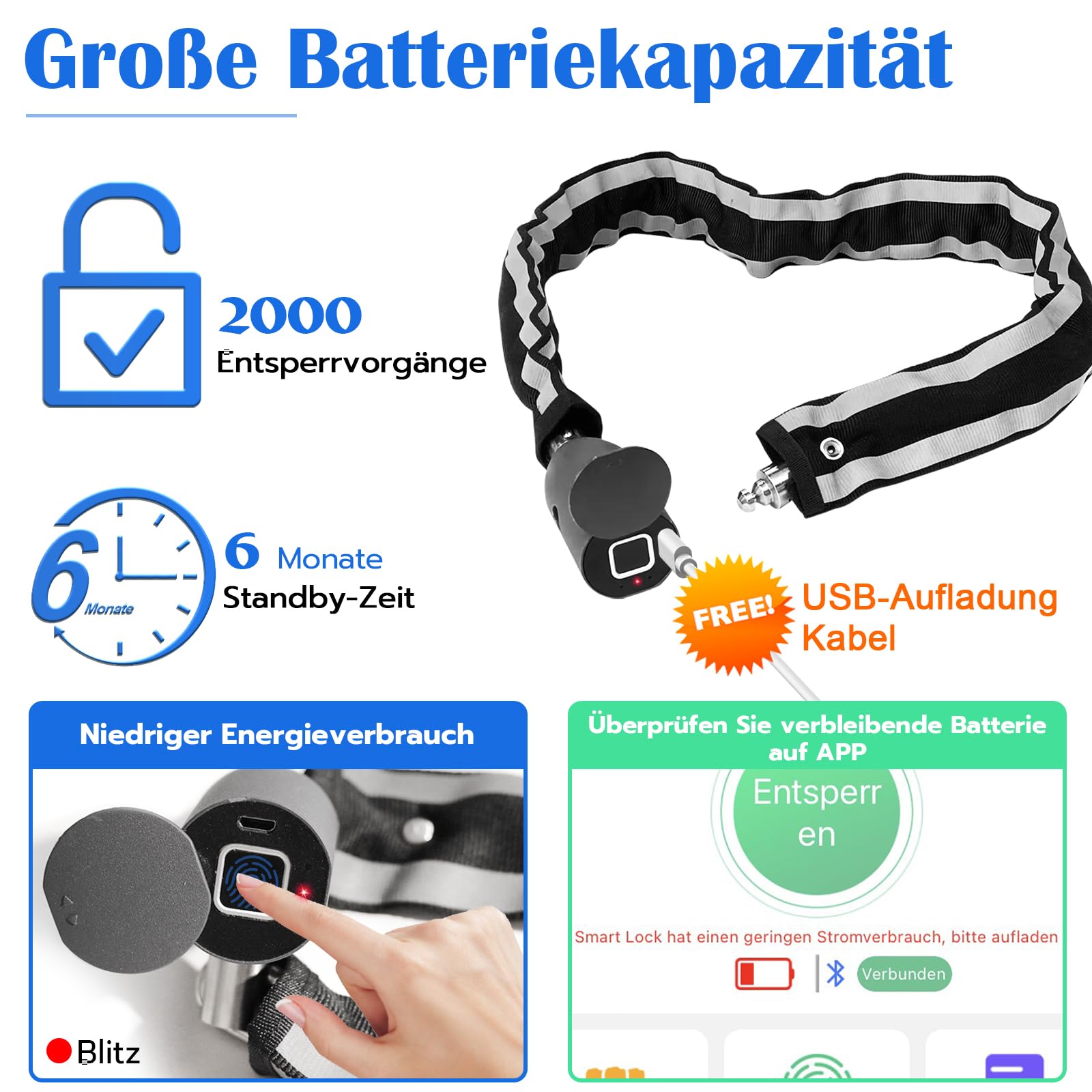 Anweller Lucchetto per bicicletta con impronte digitali, ad alta sicurezza, antifurto, con app, maglie in acciaio temprato, 6 mm x 100 cm, cavo impermeabile