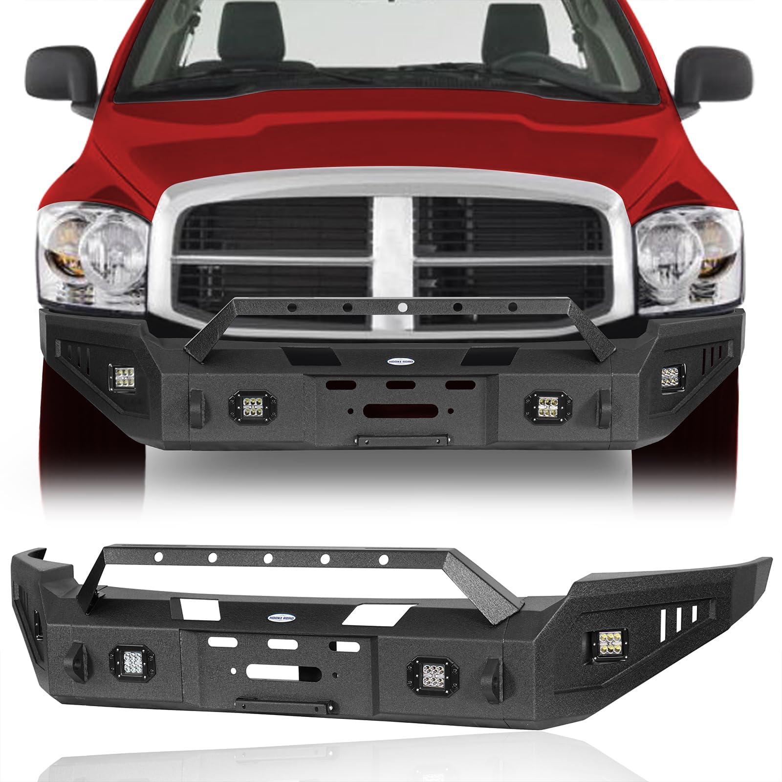 Ram 1500 Front Winch Bumper Compatible with Dodge Ram 1500 2006 2007 2008, Offroad Replacement Steel Bumper w/LED Lights & License Plate Mount