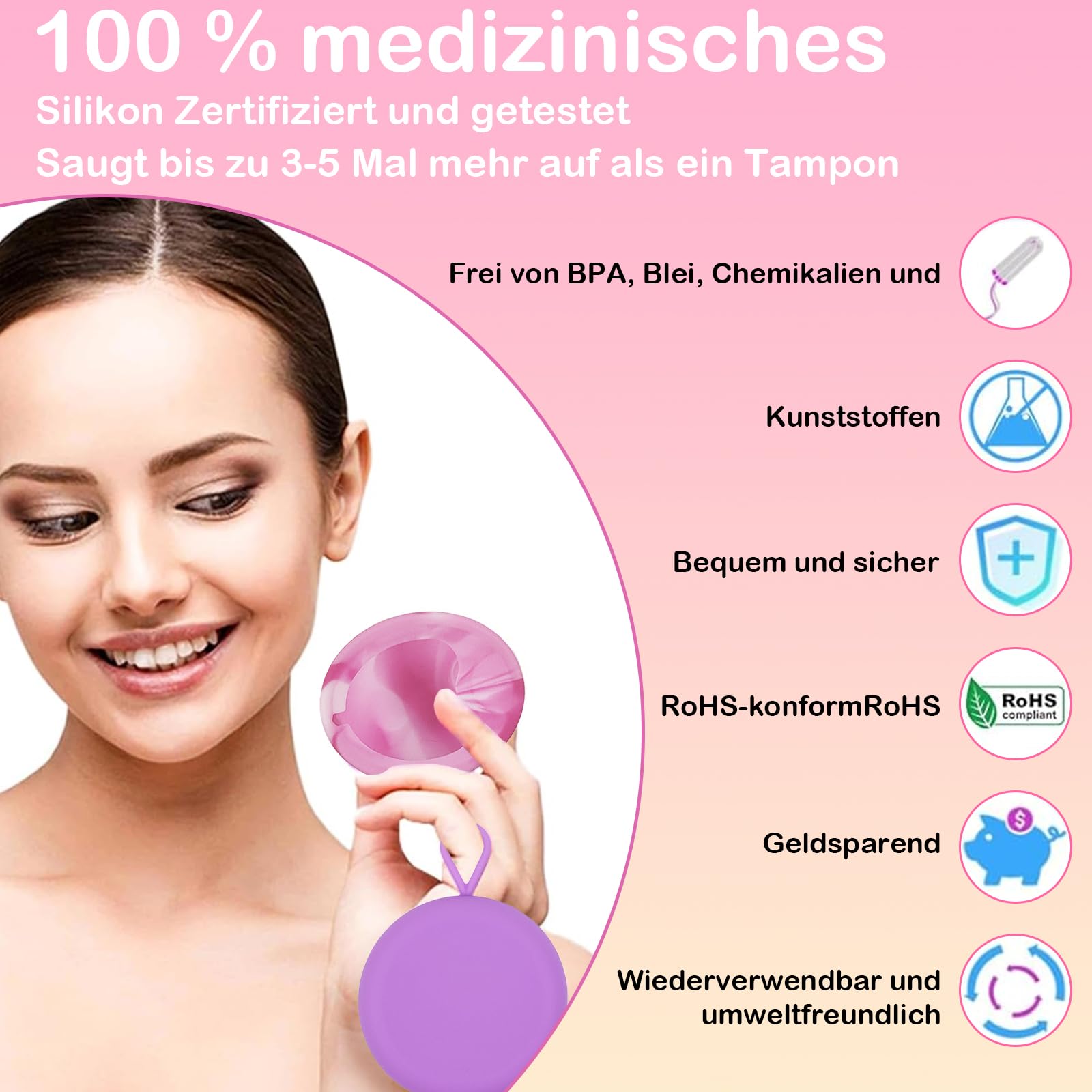 2 krążki menstruacyjne, krążki menstruacyjne wielokrotnego użytku, 100% silikon medyczny z kieszeniami do przechowywania, alternatywa dla tamponów dla aktywnych kobiet, sportu, pływania (S+L)