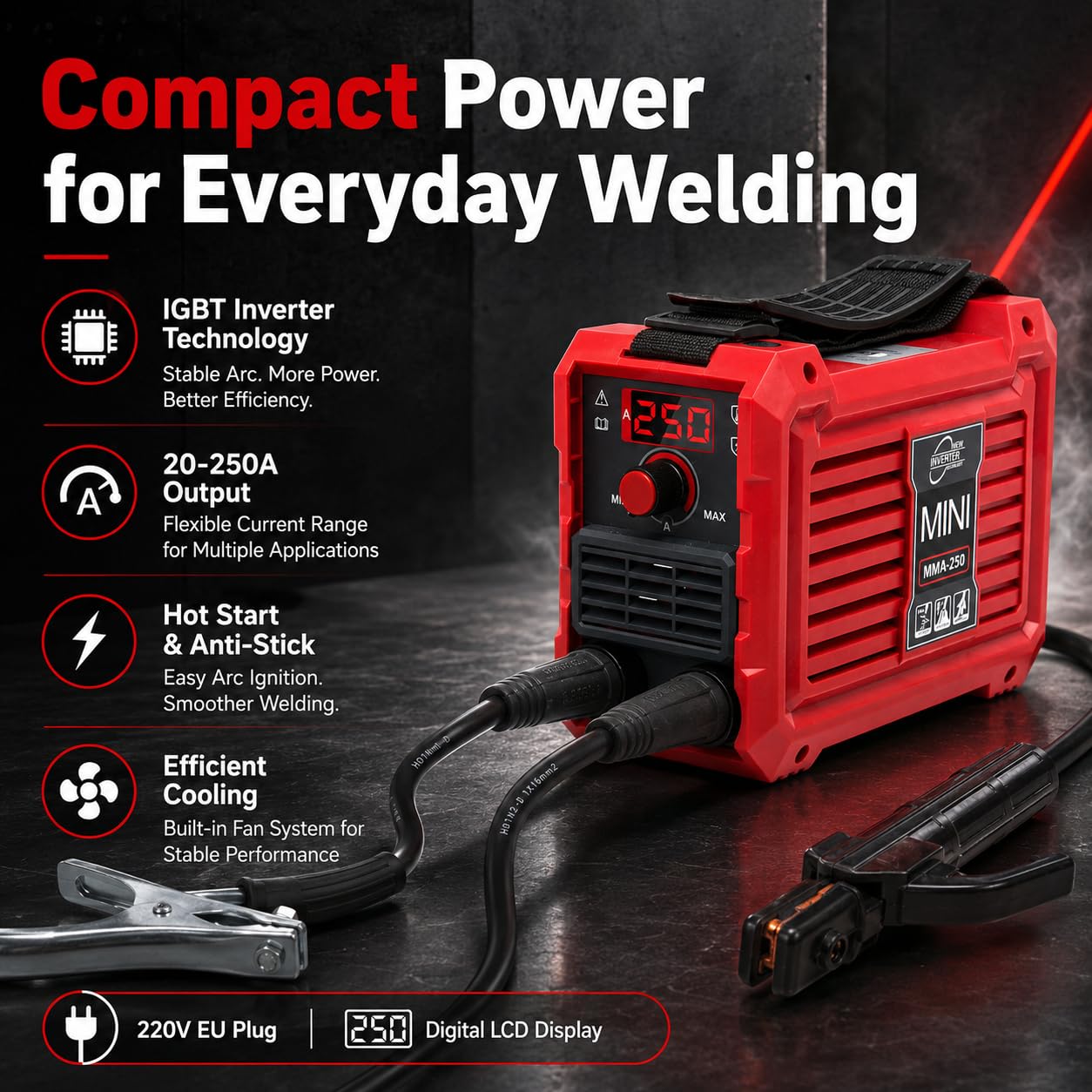Maquina De Soldar Electrodo Portátil, 220V 250A MMA Mini Soldador Inverter ARC IGBT Digital Soldadora Portatil Compacta Grupo De Soldar Con Hot Start, Anti-Stick, Pantalla Led Para Bricolaje