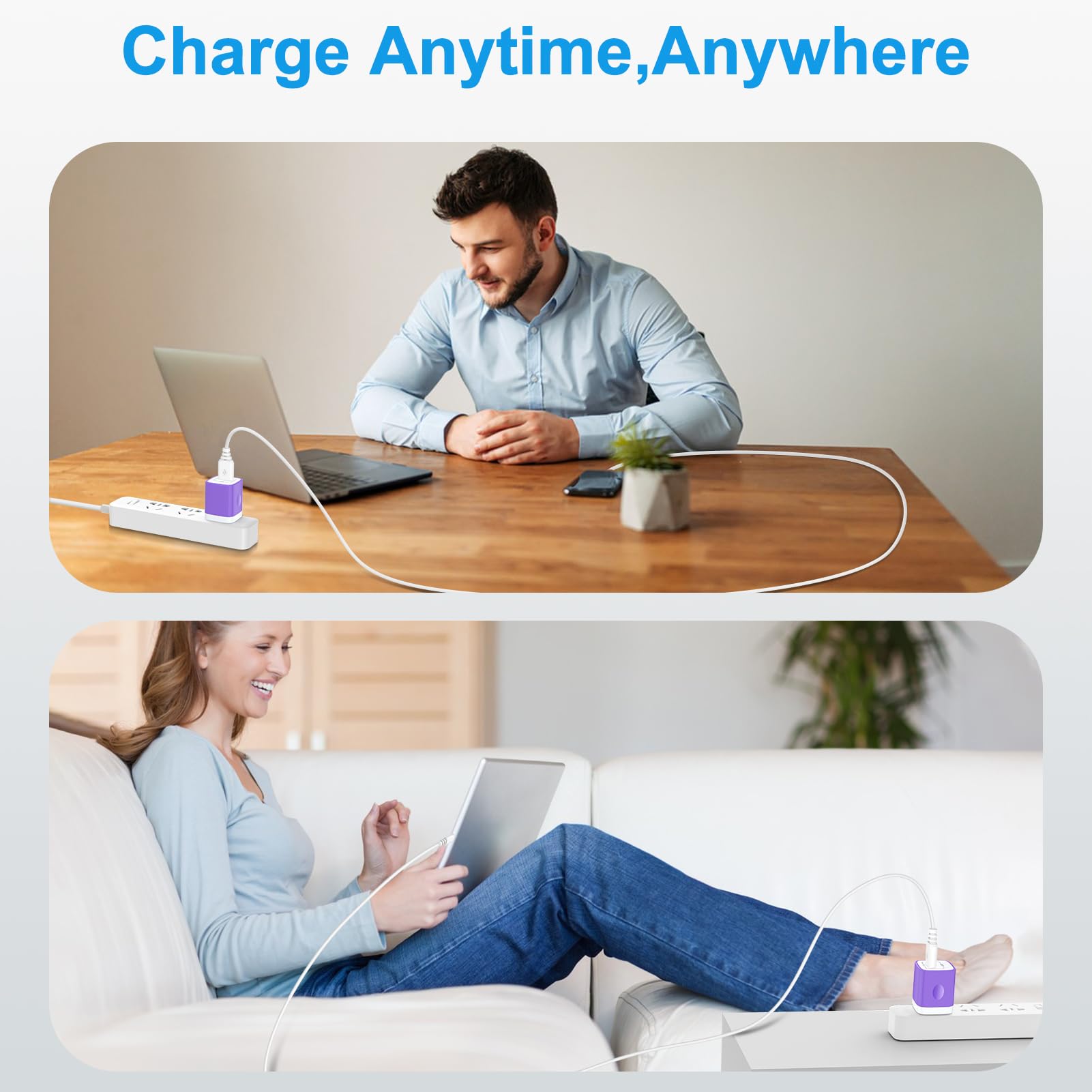 Cargador de enchufe de pared USB-A morado para Google Pixel 8a 8 7 Pro, Samsung Galaxy A55/A15/A53, S24/S23/S22/S21, paquete de 2 adaptadores de alimentación USB, caja de carga de enchufe de ladrillo