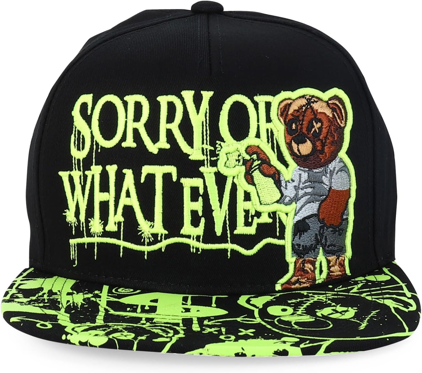 Trendy Apparel Shop Cotton Structured Bear Embroidered Flat Bill Snapback Cap