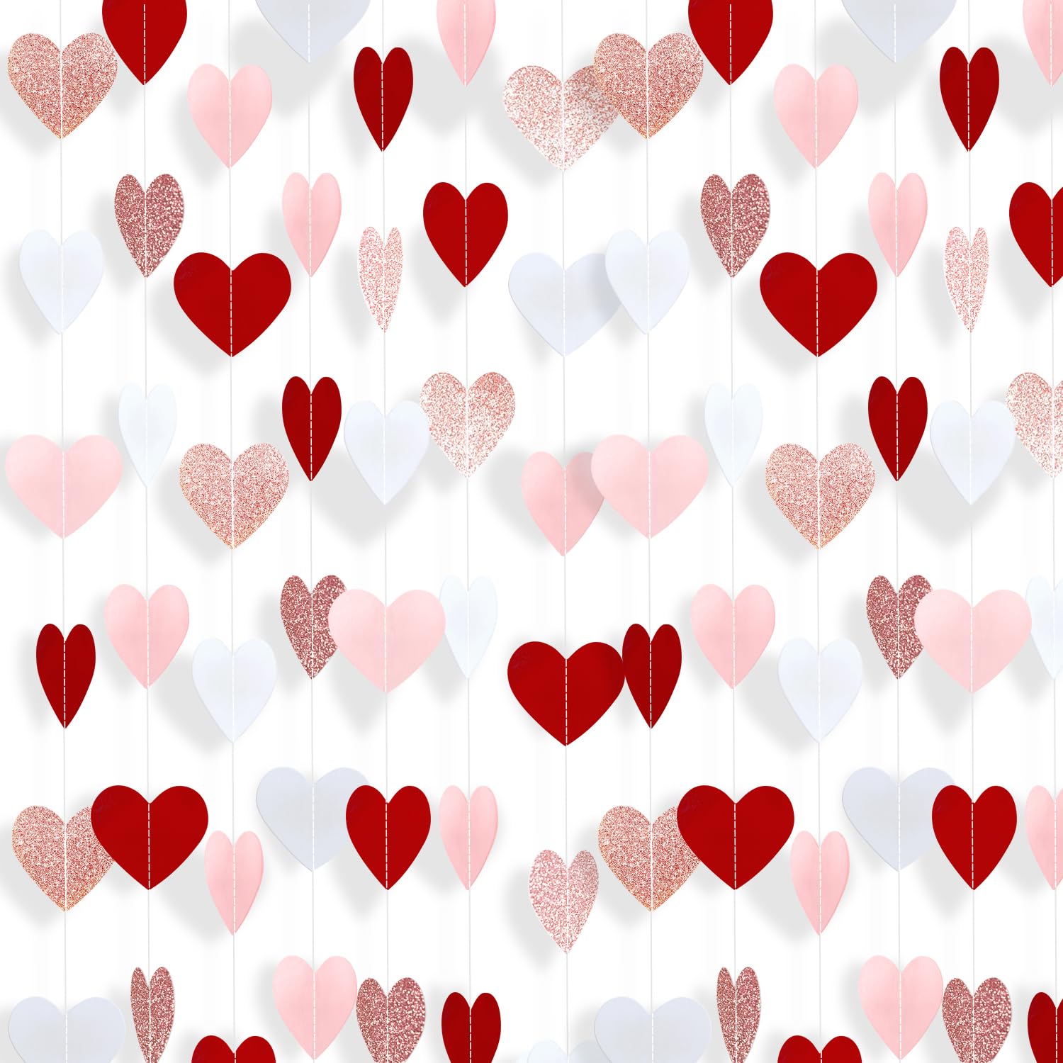 8 Pack Rose-Gold Pink Burgundy-Red White Heart Garland Valentines Decorations Heart Paper Streamers Banner for Girl Birthday Bachelorette Wedding