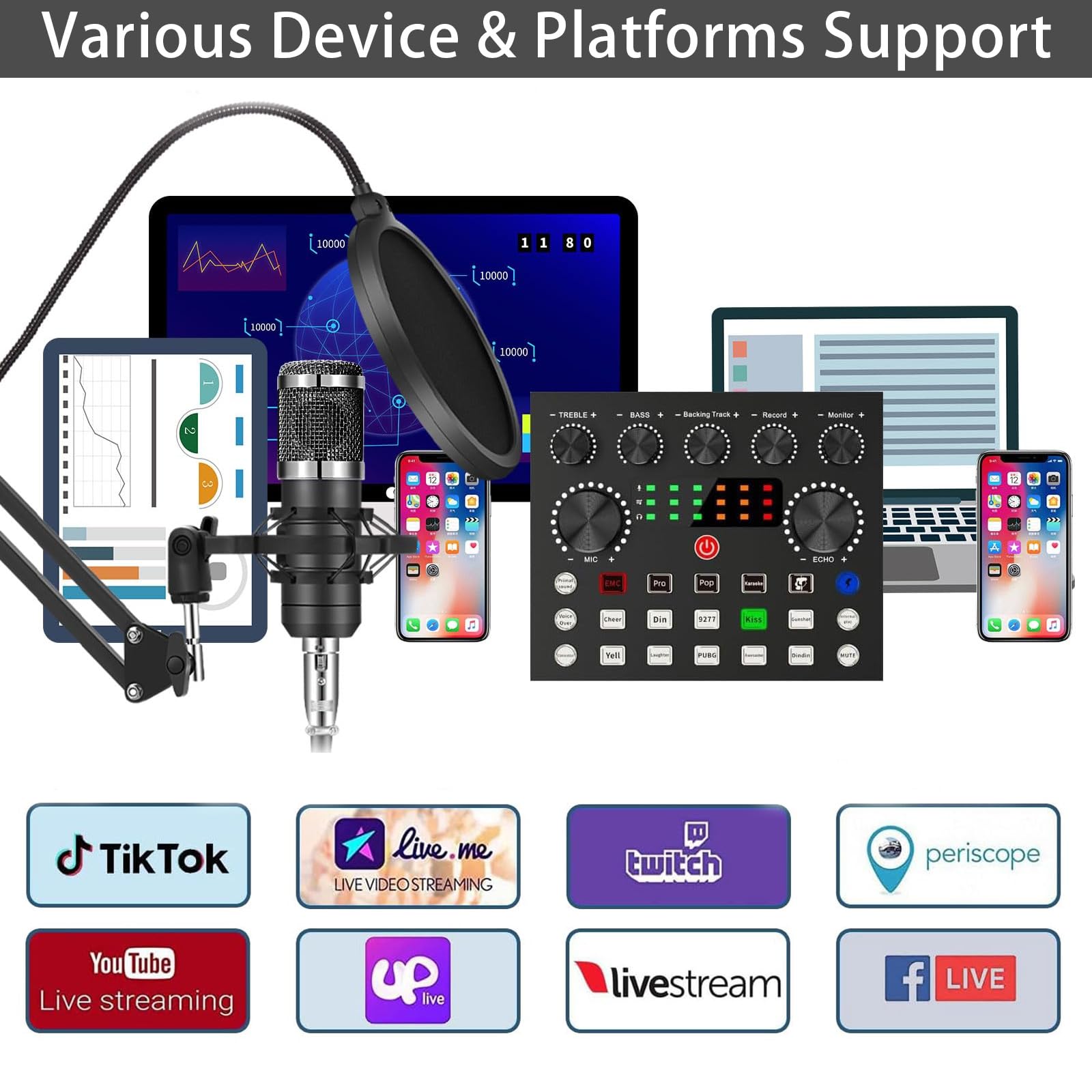 TECKZOON BM800 Podcast complete set voor 2, studiomicrofoon met nierkarakteristiek, audio-interface & DJ-mixer, ideaal voor live streaming, zingen, TikTok & YouTube